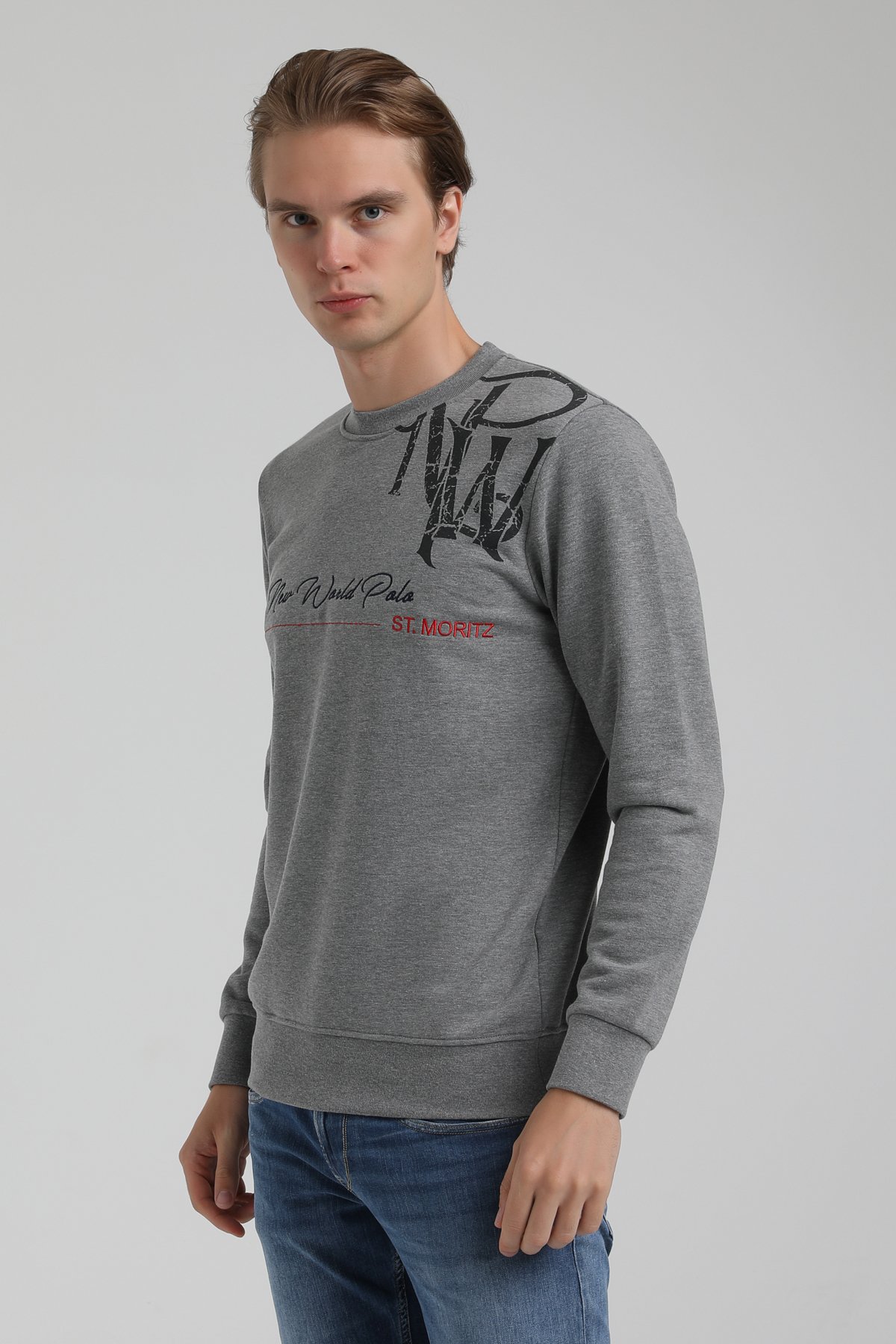 New World Polo Bisiklet Yaka Gri Regular Sweatshirt 22FWM60139