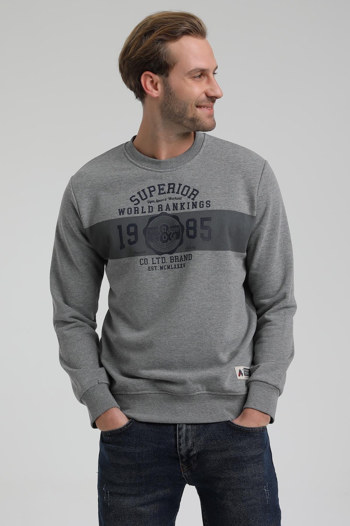 New World Polo Bisiklet Yaka Gri Slim Fit Sweatshirt 22FWM60134