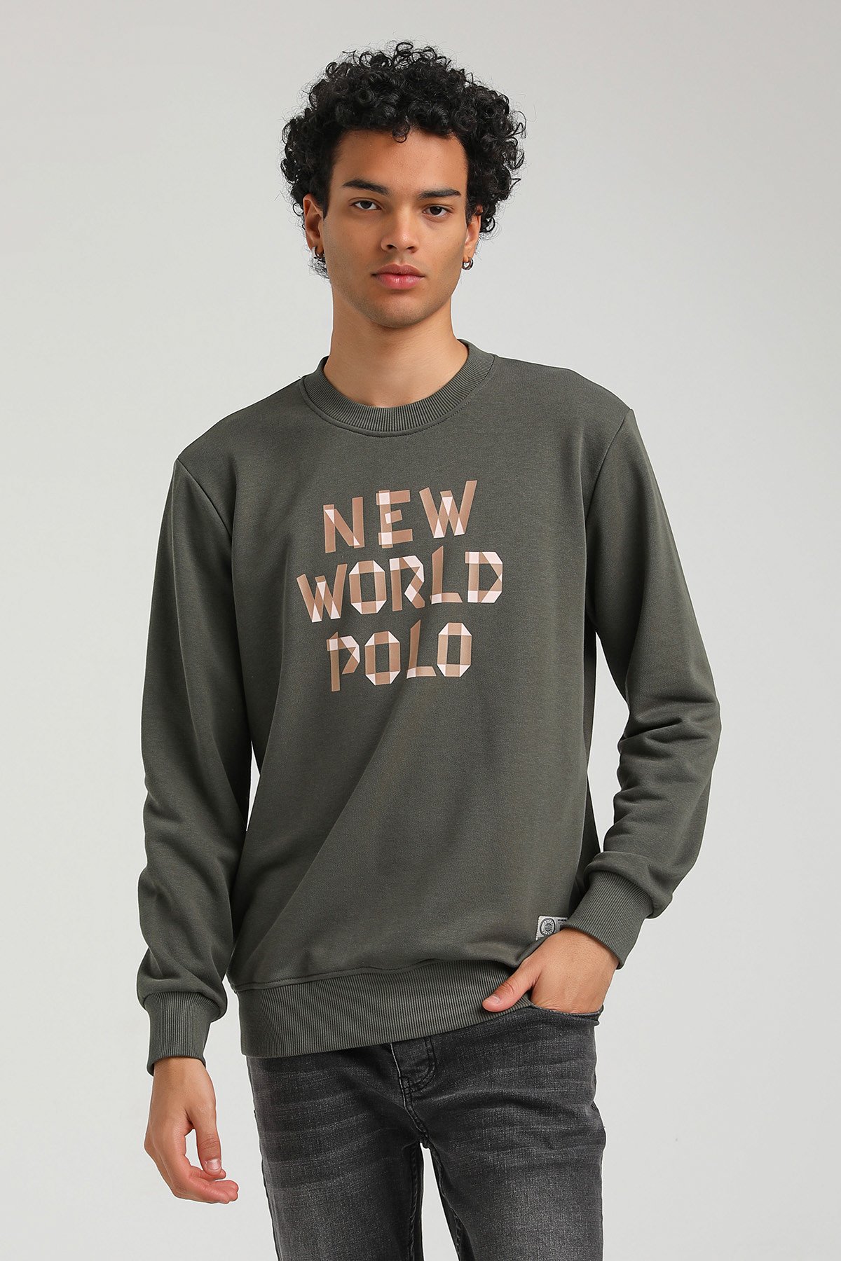 New World Polo Bisiklet Yaka Haki Regular Custom Sweatshirt 23FWM60141