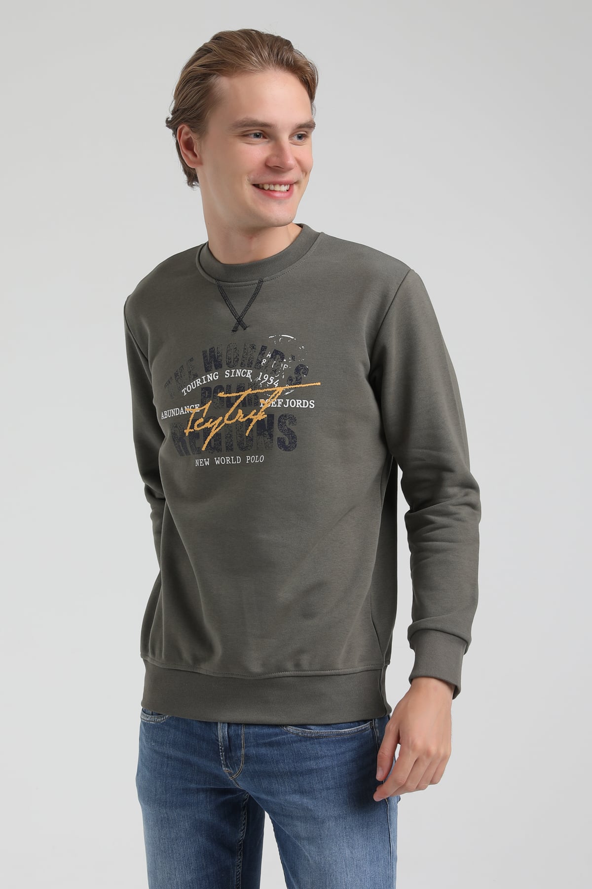 New World Polo Bisiklet Yaka Haki Regular Sweatshirt 22FWM60136