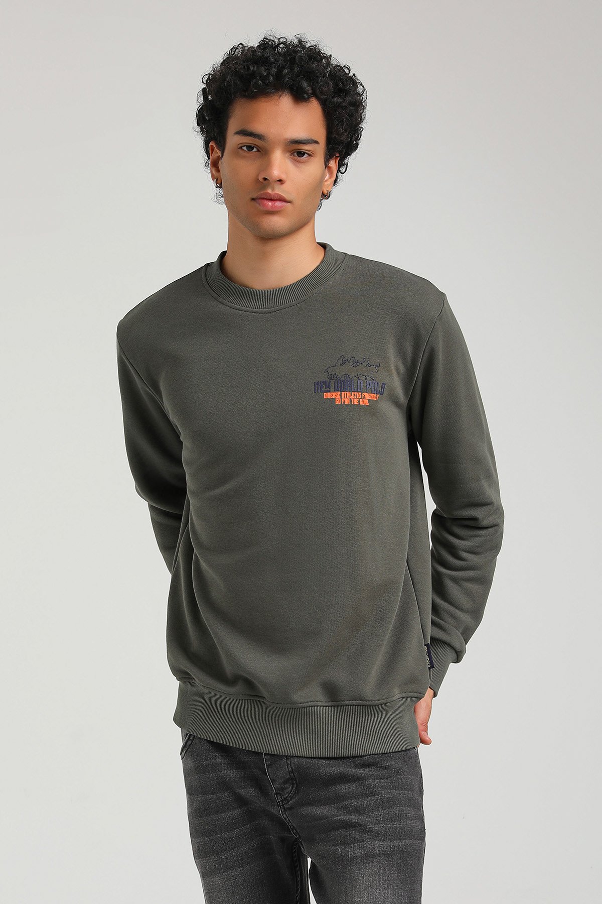 New World Polo Bisiklet Yaka Haki Slim Fit Sweatshirt 23FWM60158