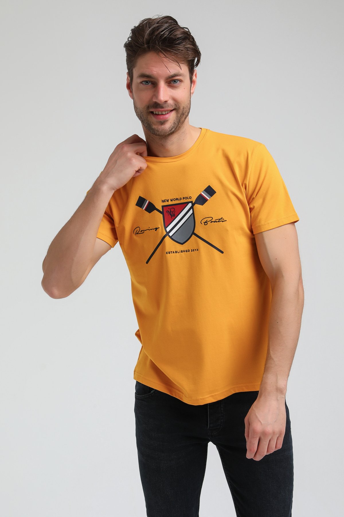 New World Polo Bisiklet Yaka Hardal Regular Custom Tişört 23SSM20351