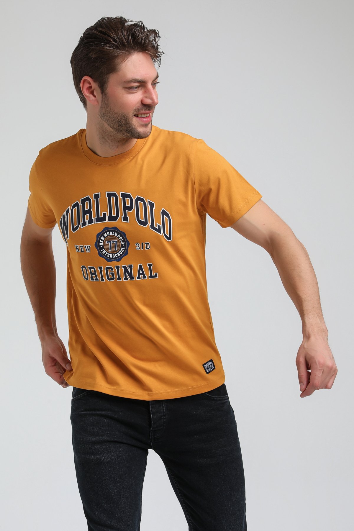 New World Polo Bisiklet Yaka Hardal Regular Custom Tişört 23SSM20306