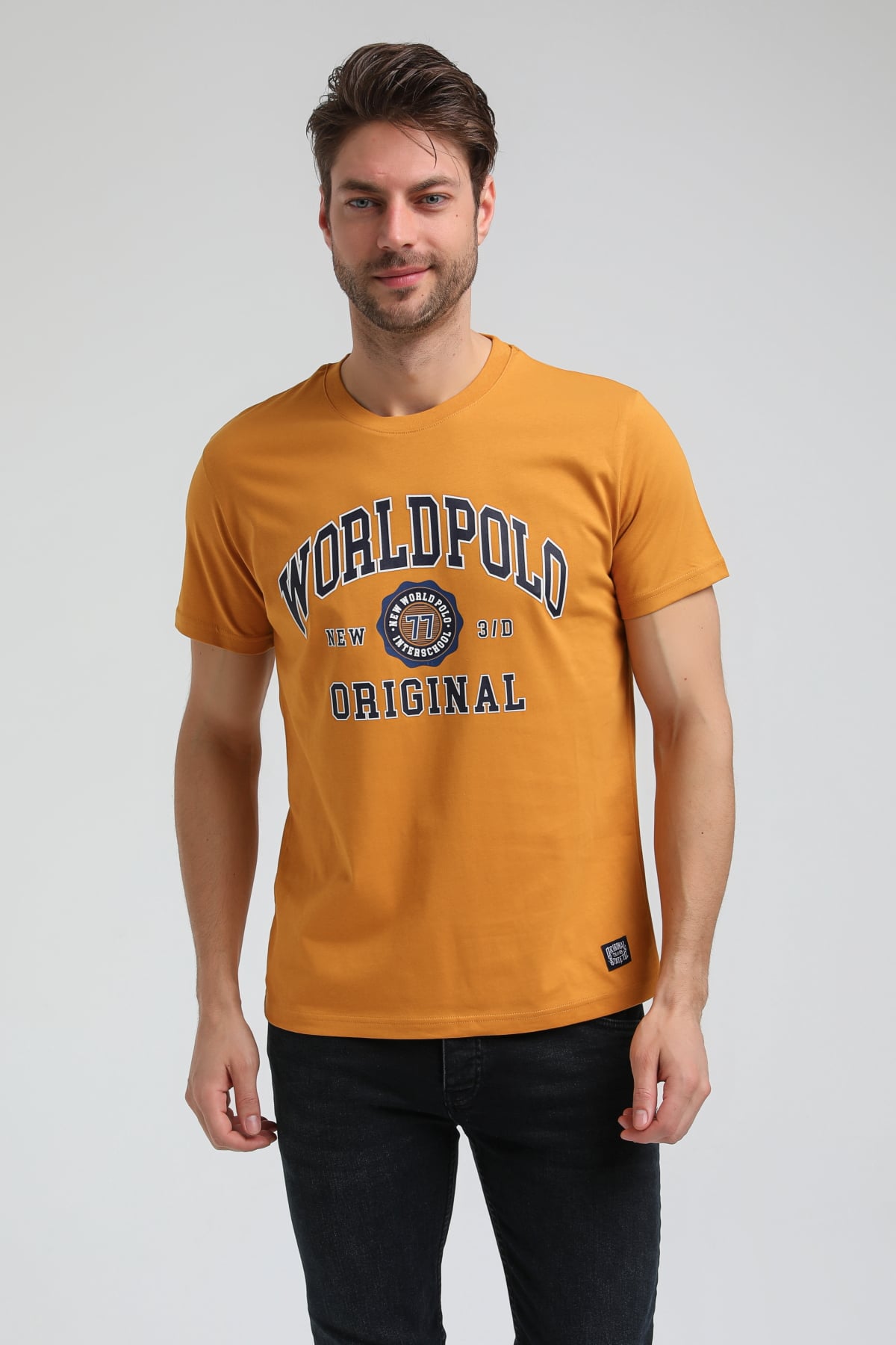 New World Polo Bisiklet Yaka Hardal Regular Custom Tişört 23SSM20306