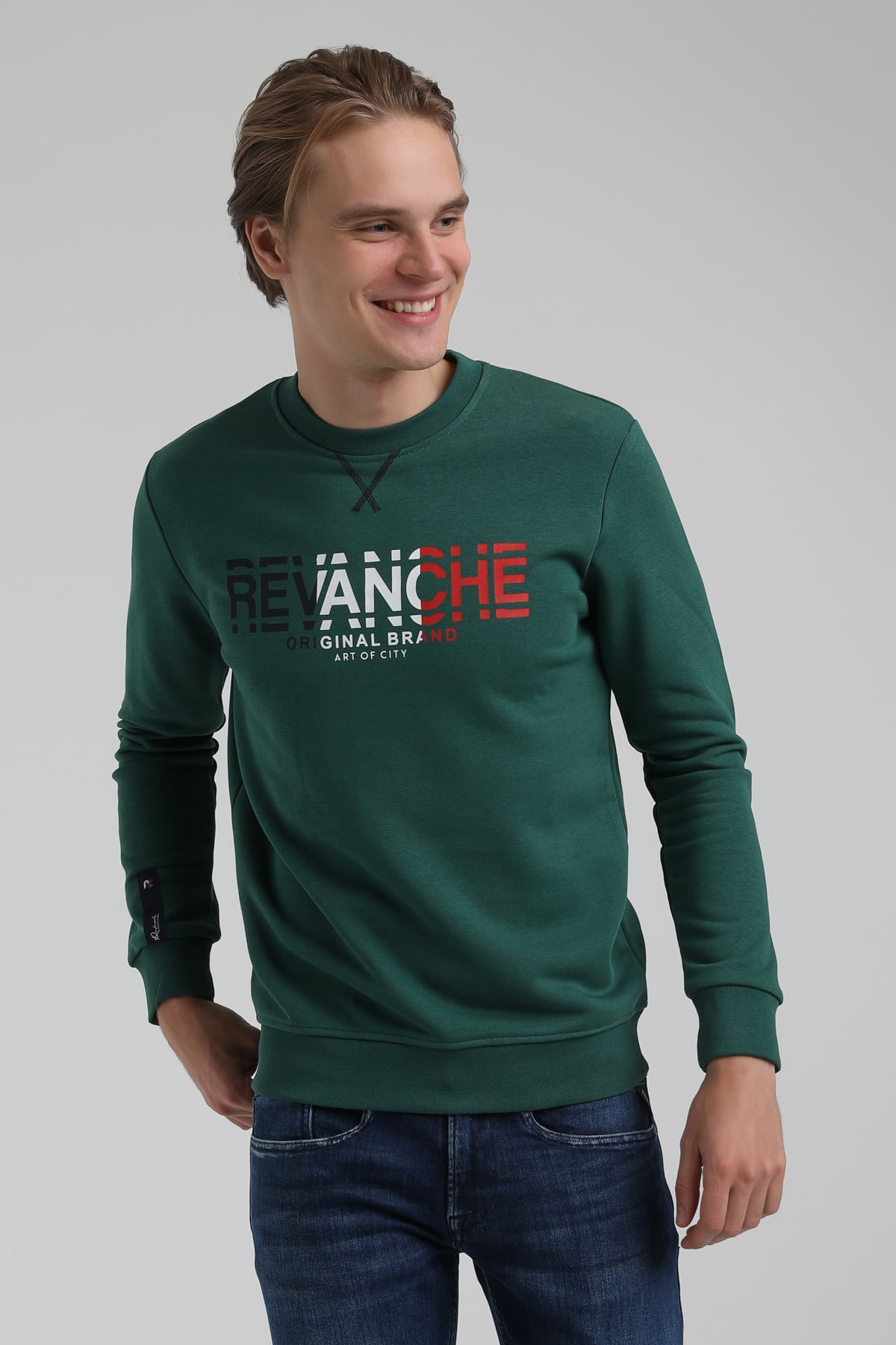 New World Polo Bisiklet Yaka Koyu Yeşil Regular Sweatshirt 22FWM60123