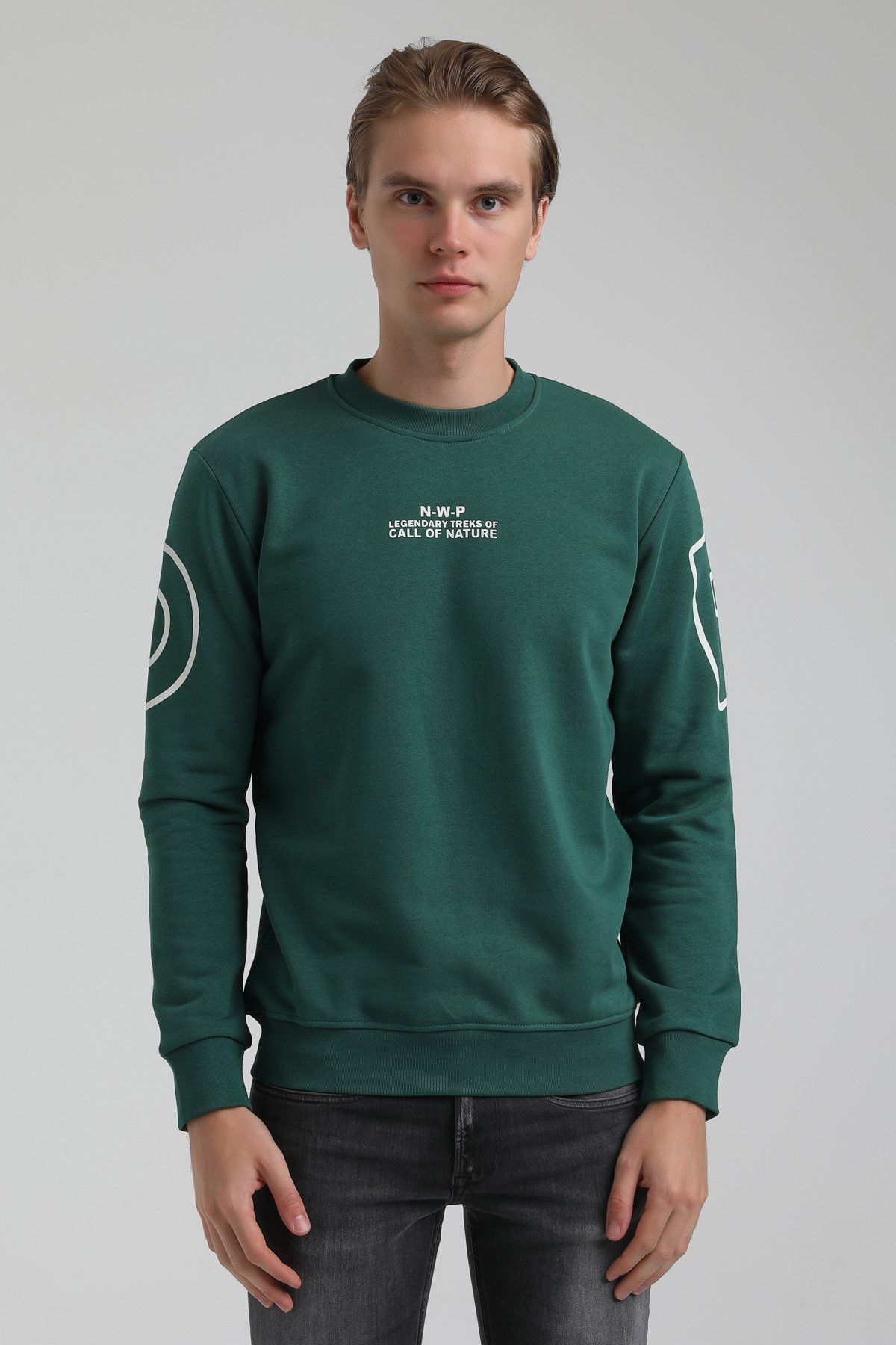 New World Polo Bisiklet Yaka Koyu Yeşil Regular Sweatshirt 22FWM60126