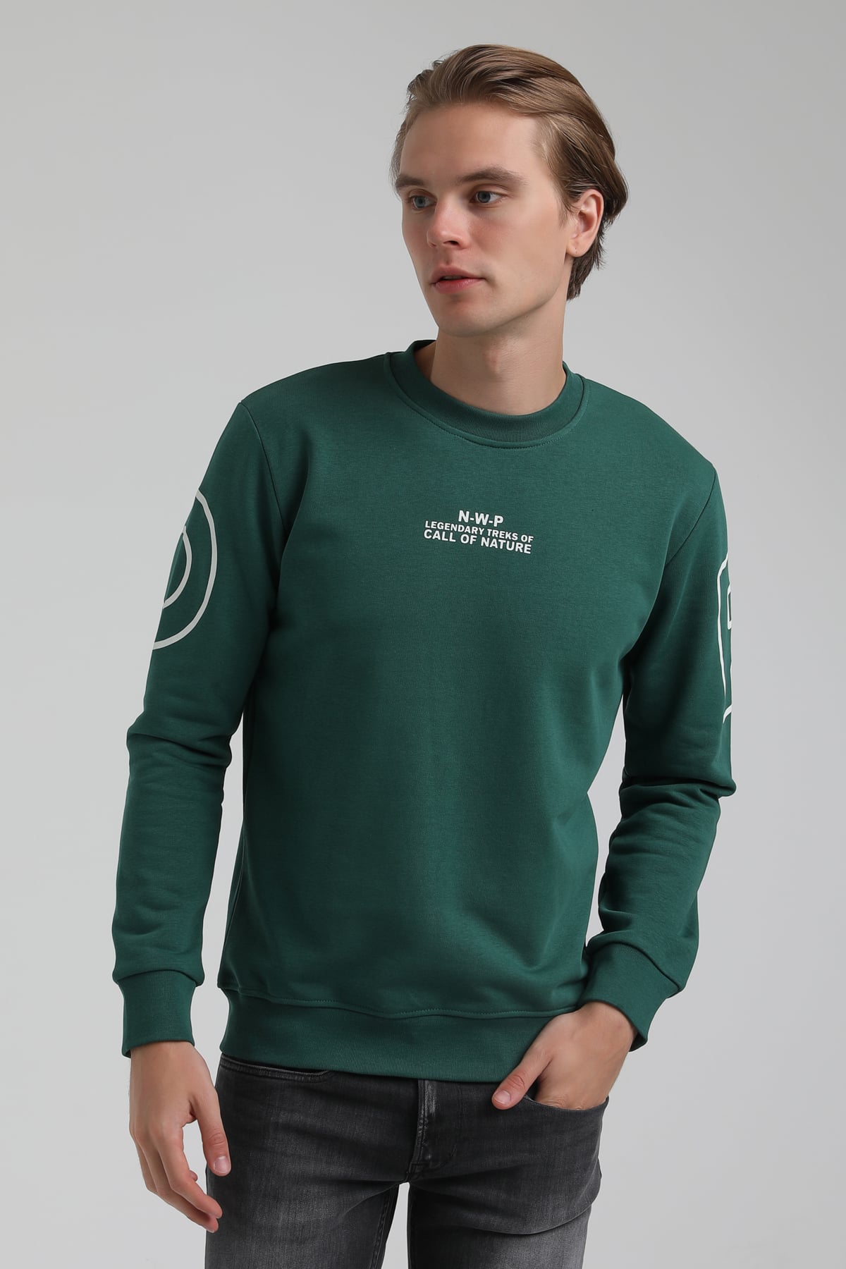 New World Polo Bisiklet Yaka Koyu Yeşil Regular Sweatshirt 22FWM60126