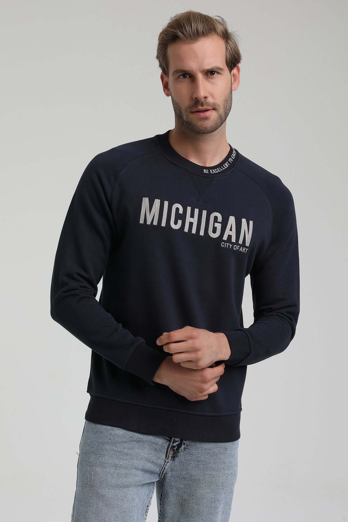 New World Polo Bisiklet Yaka Lacivert Slim Fit Sweatshirt 22FWM60135