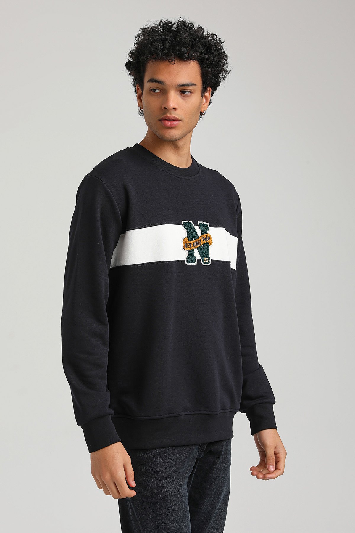 New World Polo Bisiklet Yaka Lacivert Slim Fit Sweatshirt 23FWM60156