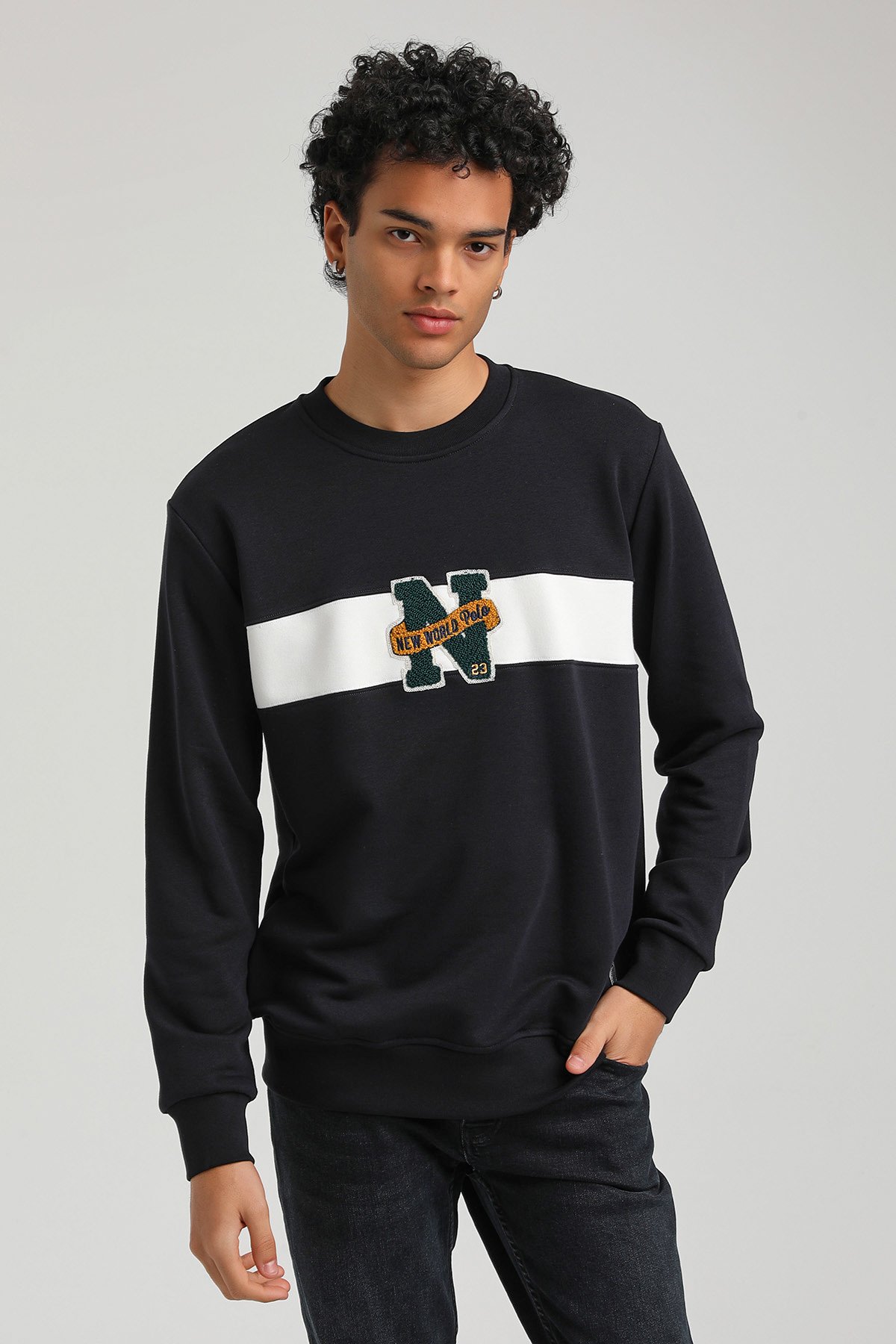 New World Polo Bisiklet Yaka Lacivert Slim Fit Sweatshirt 23FWM60156
