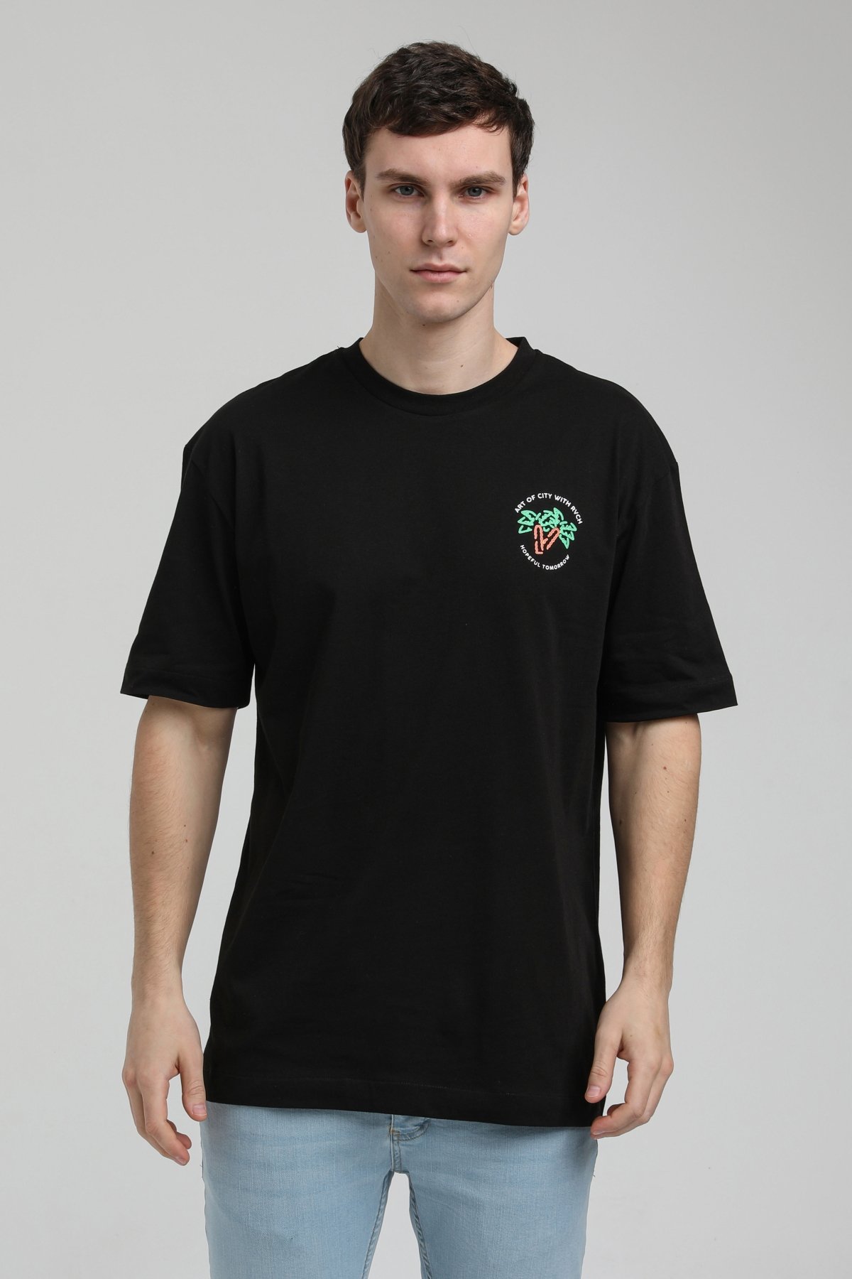 New World Polo Bisiklet Yaka Siyah Oversize Tişört 23SSM20336