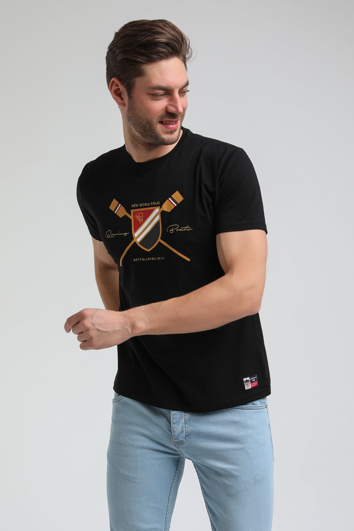 New World Polo Bisiklet Yaka Siyah Regular Custom Tişört 23SSM20351