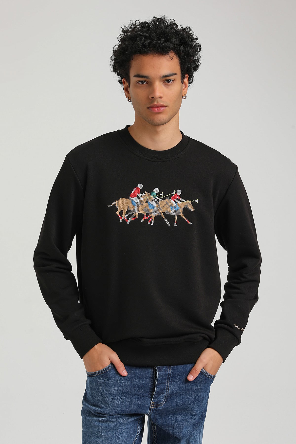 New World Polo Bisiklet Yaka Siyah Regular Custom Sweatshirt 23FWM60144