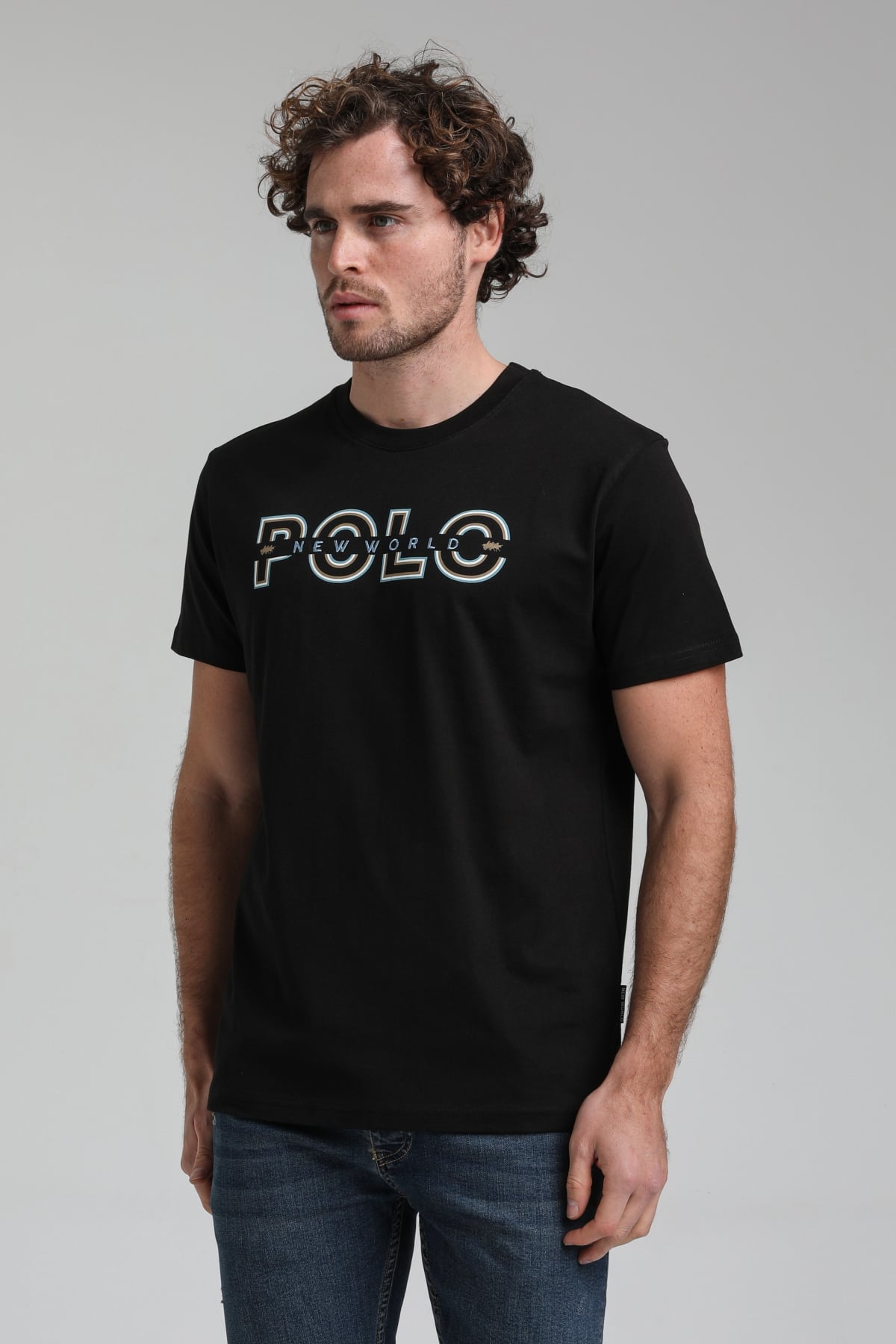 New World Polo Bisiklet Yaka Siyah Regular Custom Tişört 23SSM20302