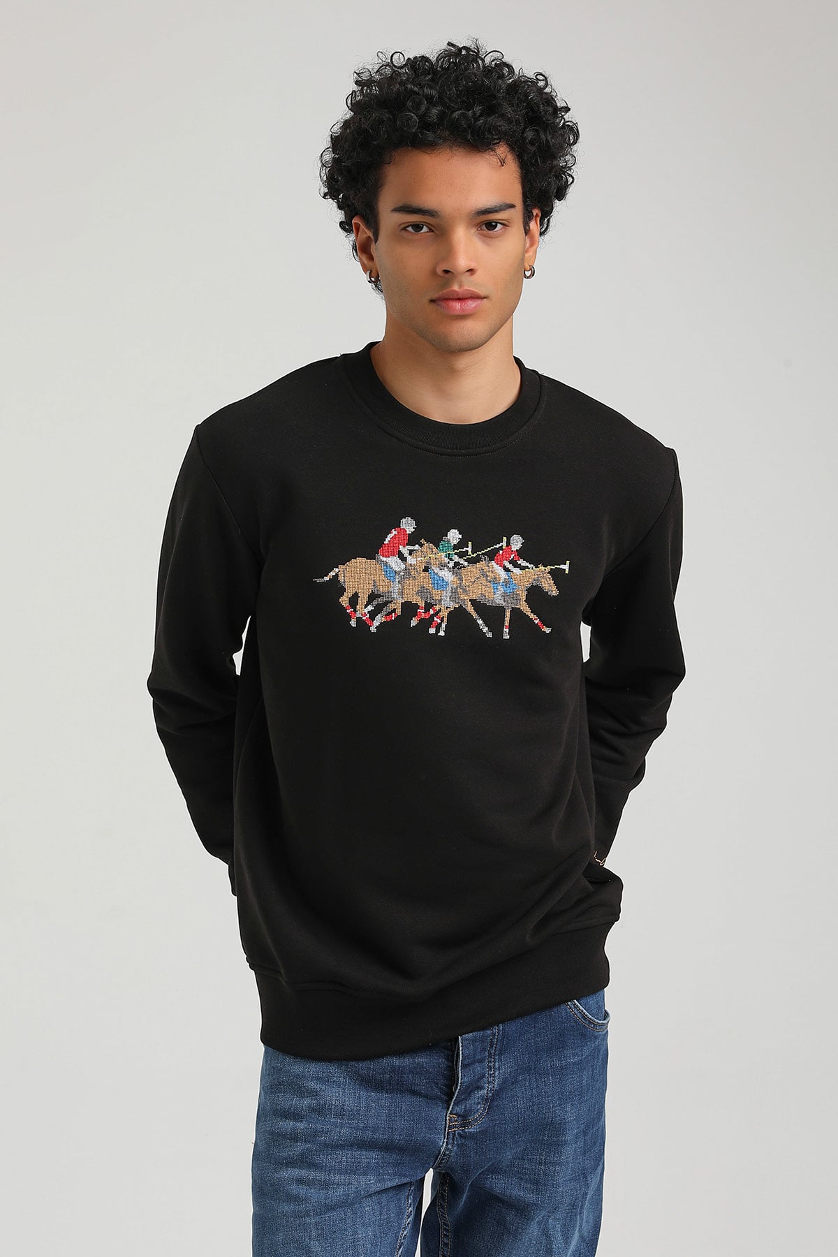 New World Polo Bisiklet Yaka Siyah Regular Custom Sweatshirt 23FWM60144