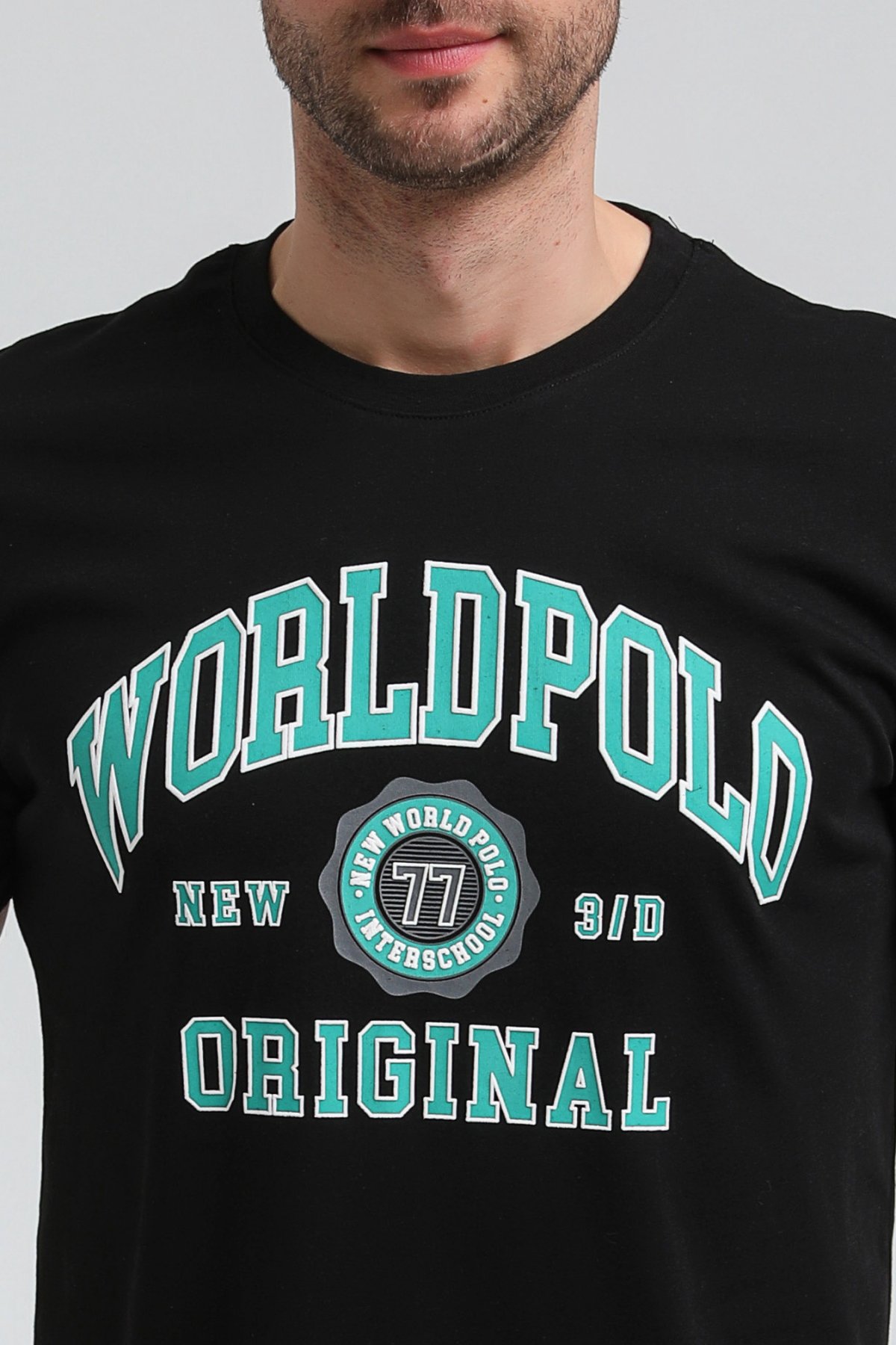 New World Polo Bisiklet Yaka Siyah Regular Custom Tişört 23SSM20306