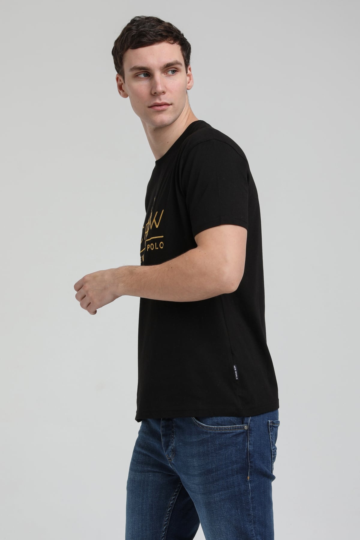 New World Polo Bisiklet Yaka Siyah Regular Custom Tişört 23SSM20290