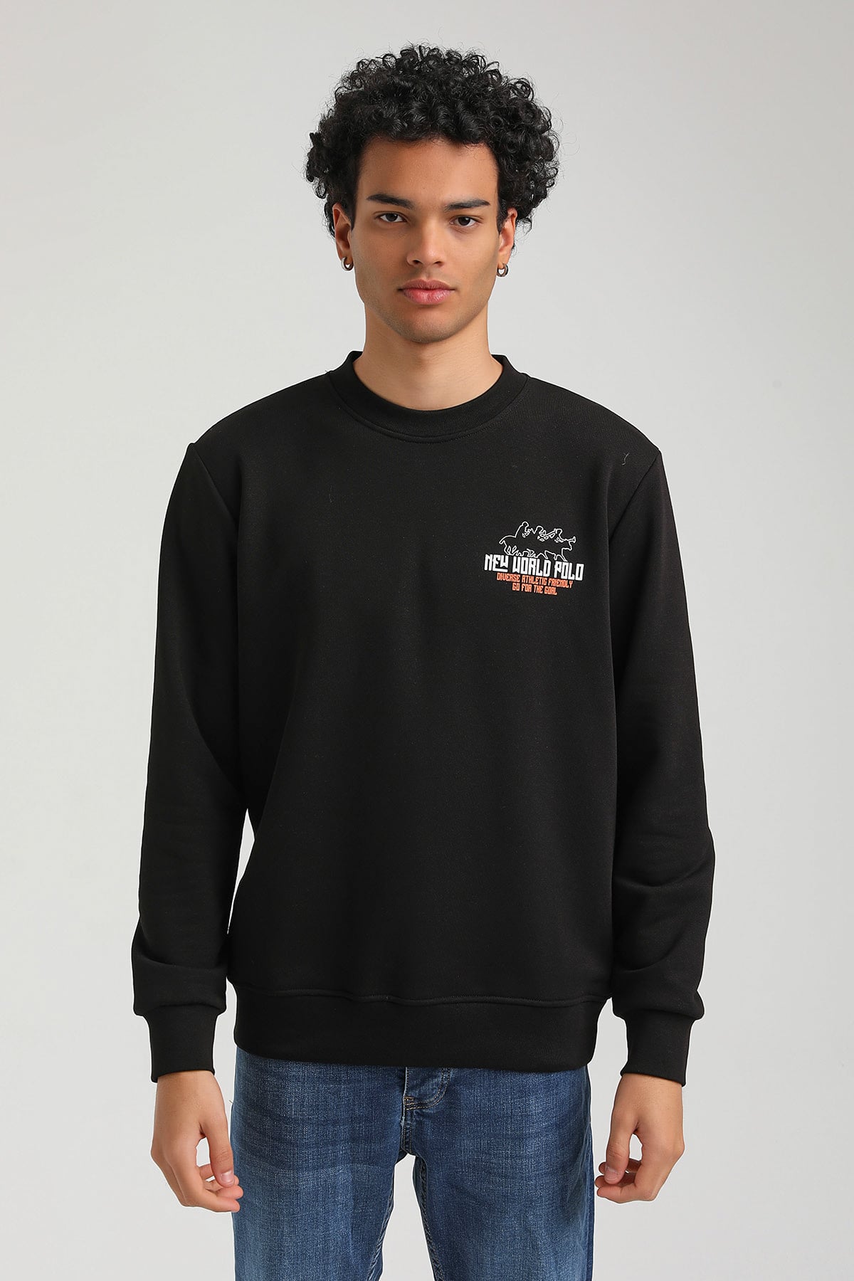 New World Polo Bisiklet Yaka Siyah Slim Fit Sweatshirt 23FWM60158