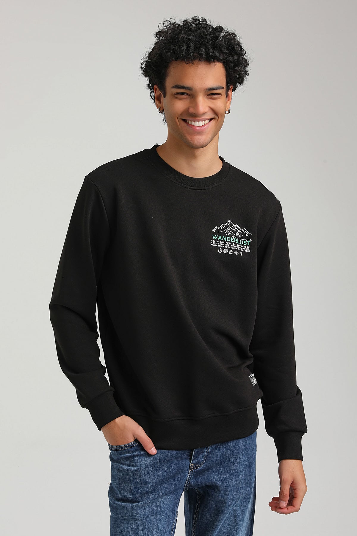 New World Polo Bisiklet Yaka Siyah Slim Fit Sweatshirt 23FWM60148