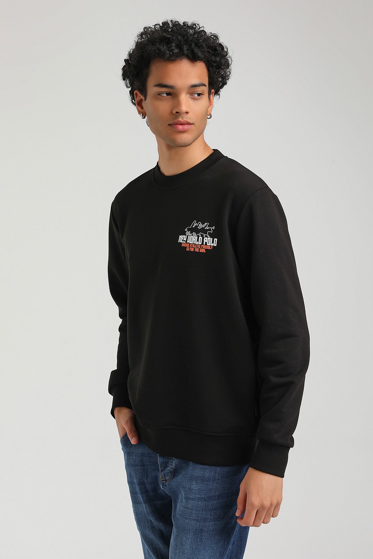 New World Polo Bisiklet Yaka Siyah Slim Fit Sweatshirt 23FWM60158