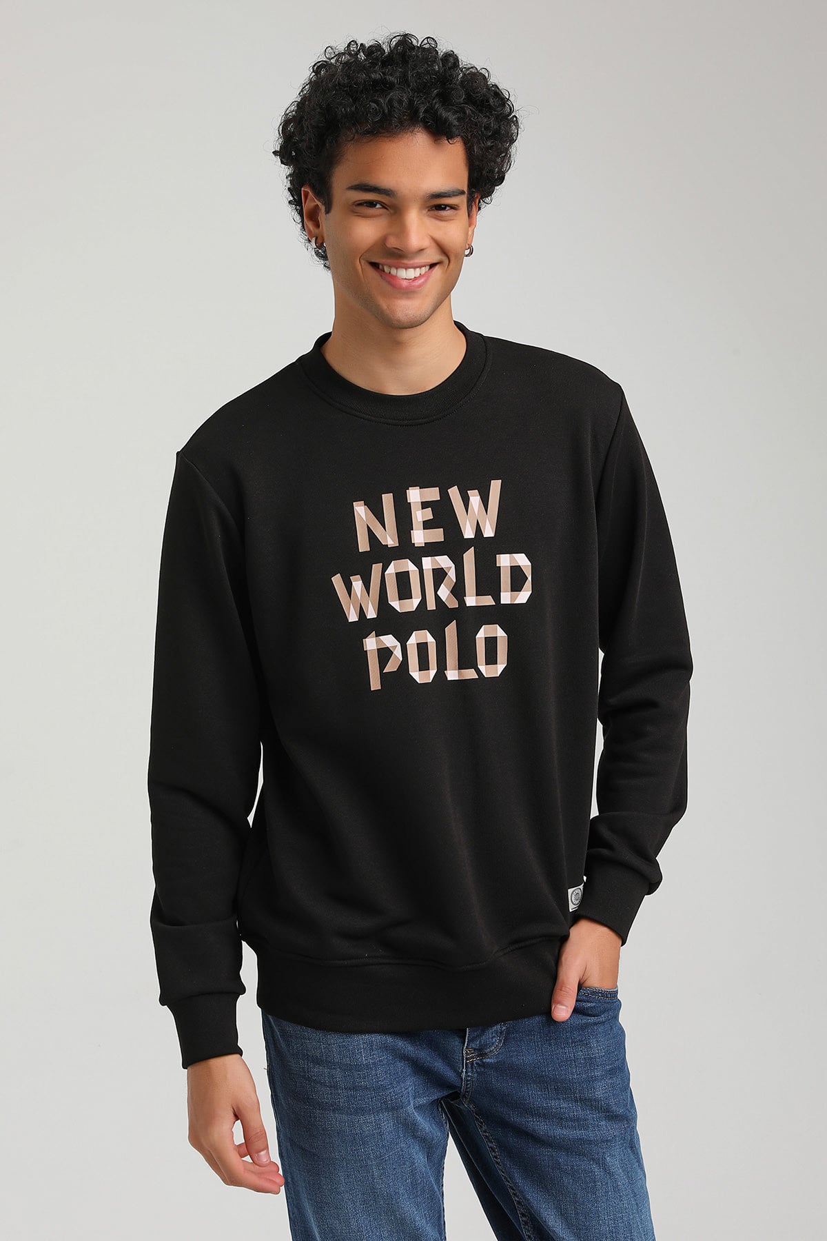 New World Polo Bisiklet Yaka Siyah Slim Fit Sweatshirt 23FWM60161
