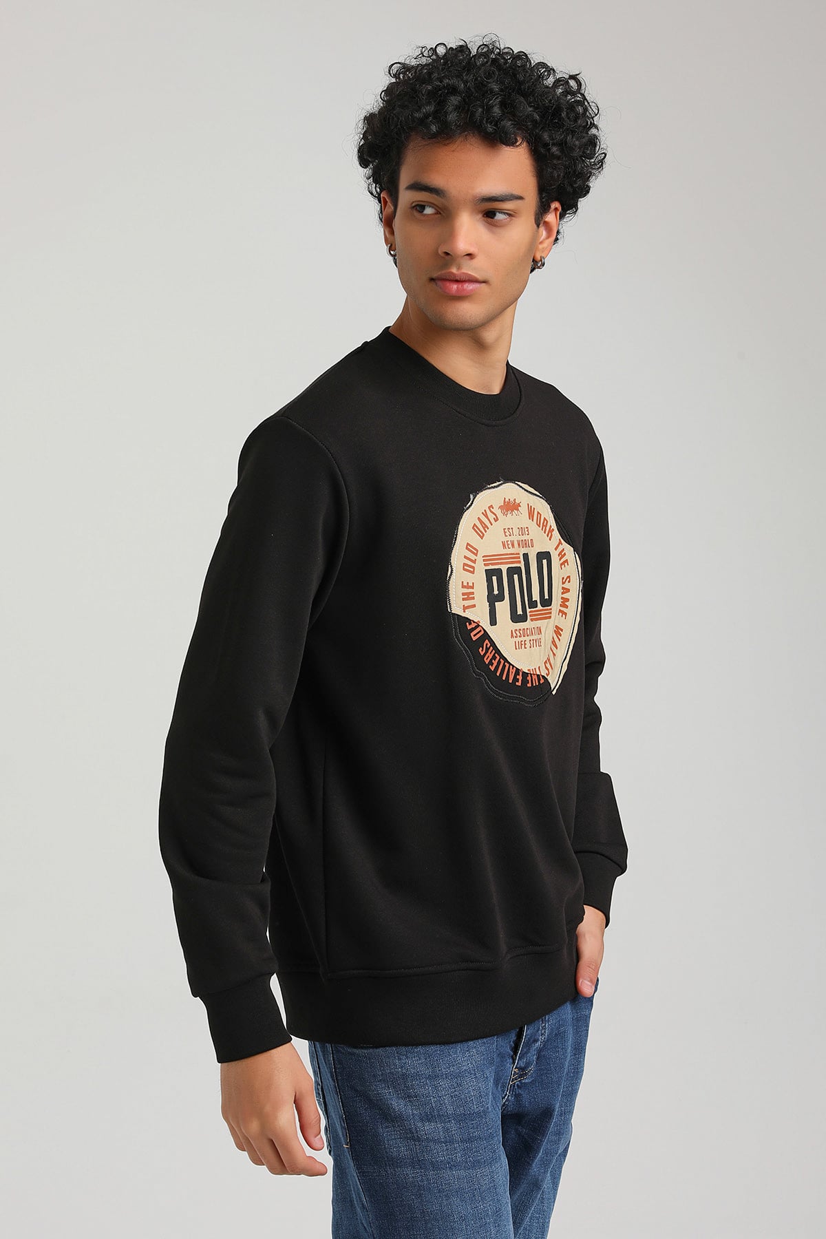 New World Polo Bisiklet Yaka Siyah Slim Fit Sweatshirt 23FWM60163