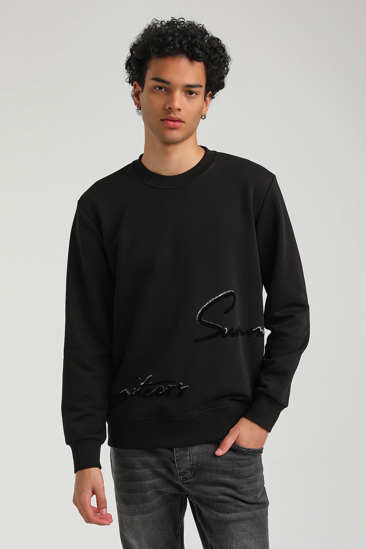 New World Polo Bisiklet Yaka Siyah Slim Fit Sweatshirt 23FWM60150