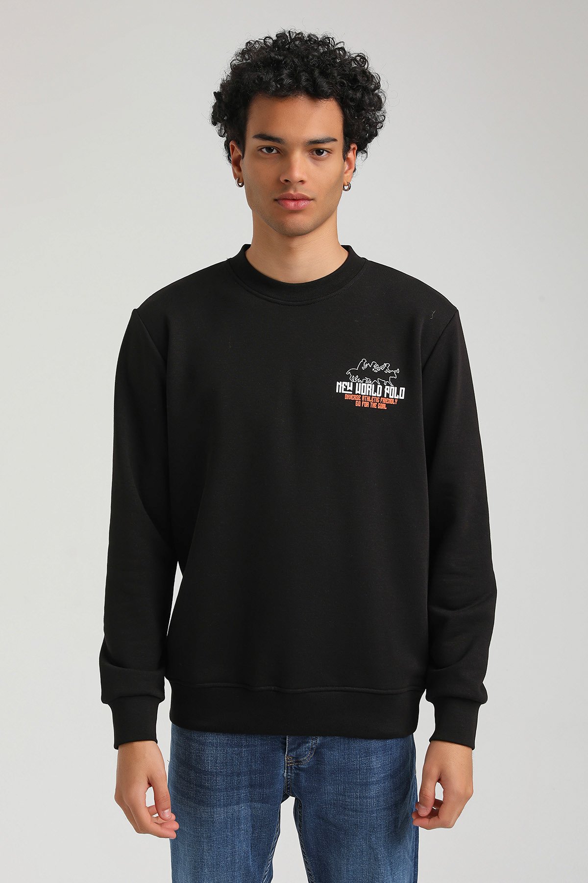 New World Polo Bisiklet Yaka Siyah Slim Fit Sweatshirt 23FWM60158