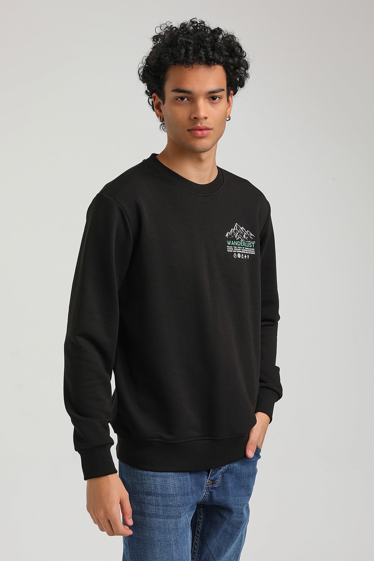 New World Polo Bisiklet Yaka Siyah Slim Fit Sweatshirt 23FWM60148