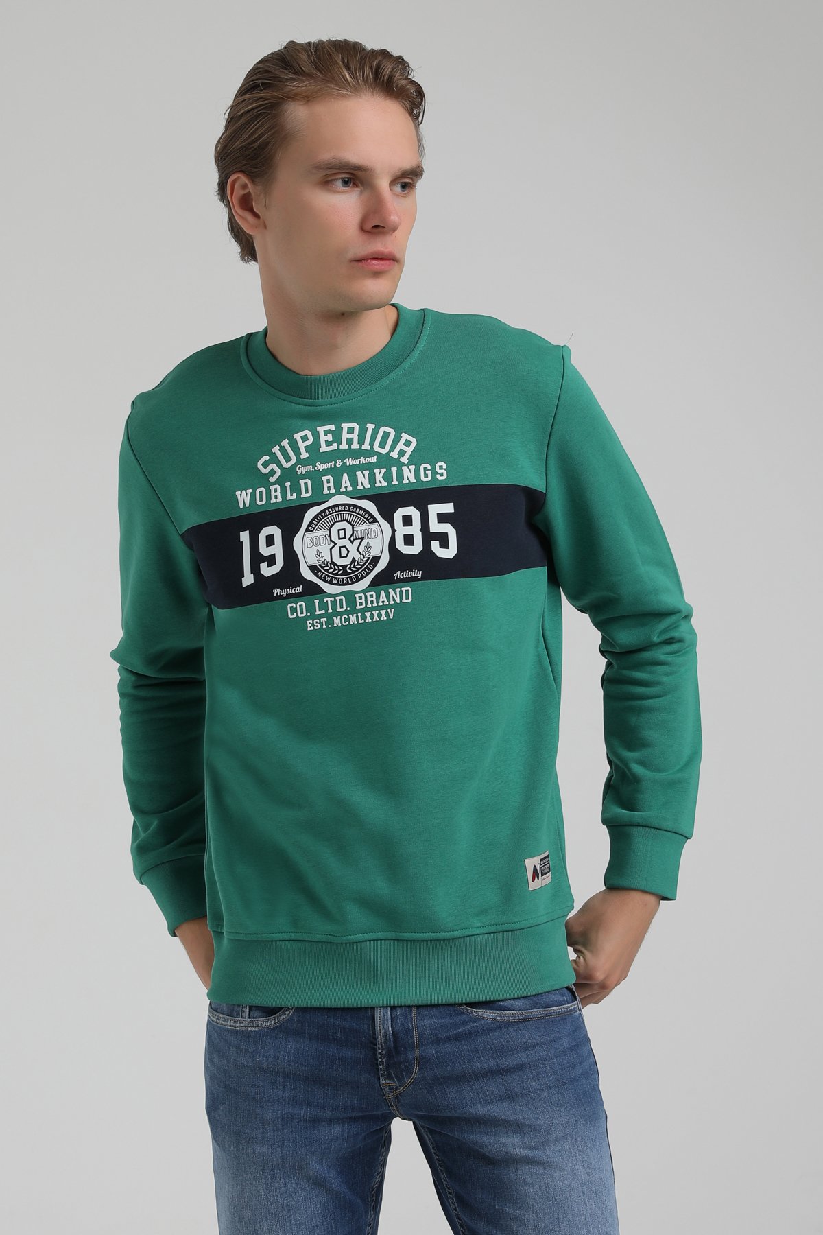 New World Polo Bisiklet Yaka Yeşil Regular Sweatshirt 22FWM60134