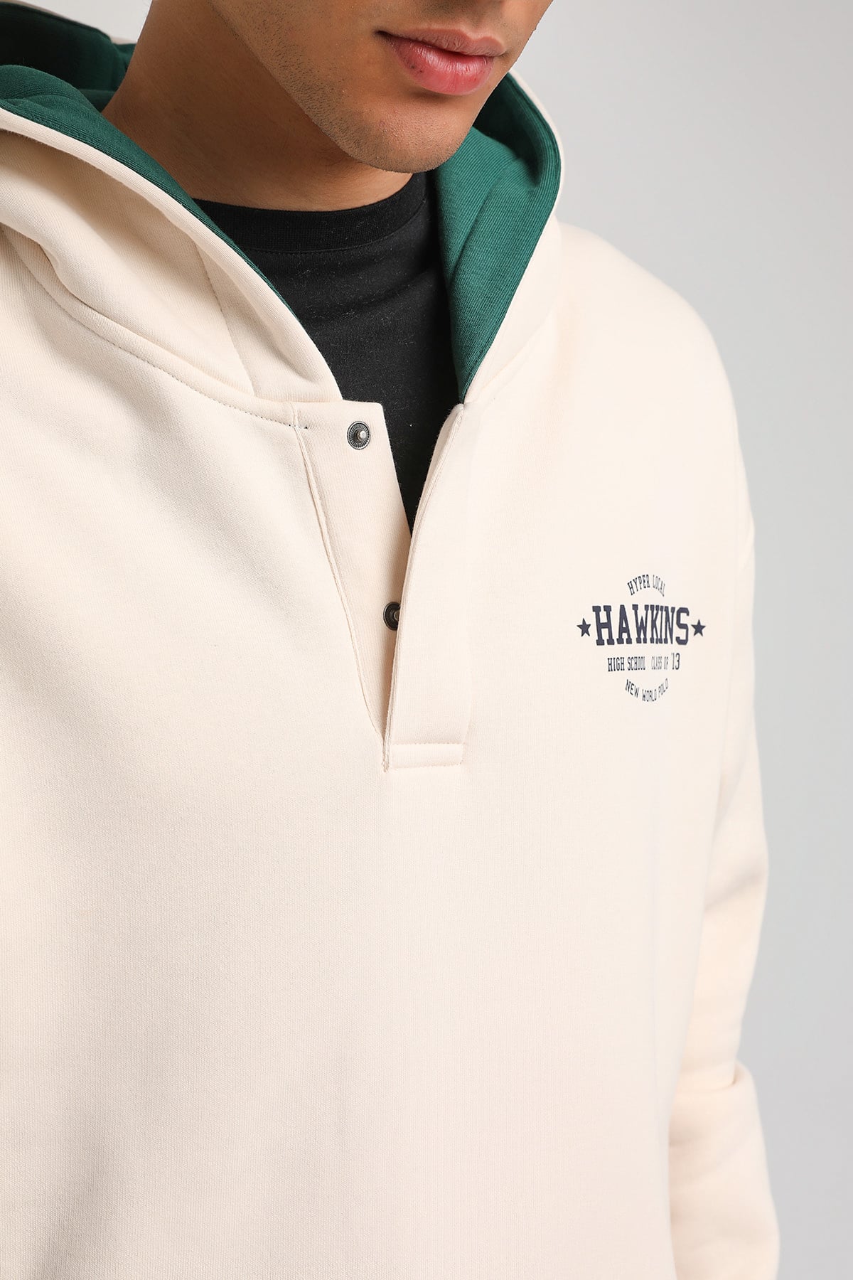 New World Polo Kapşonlu Ekru Slim Fit Hoodie 23FWM64057