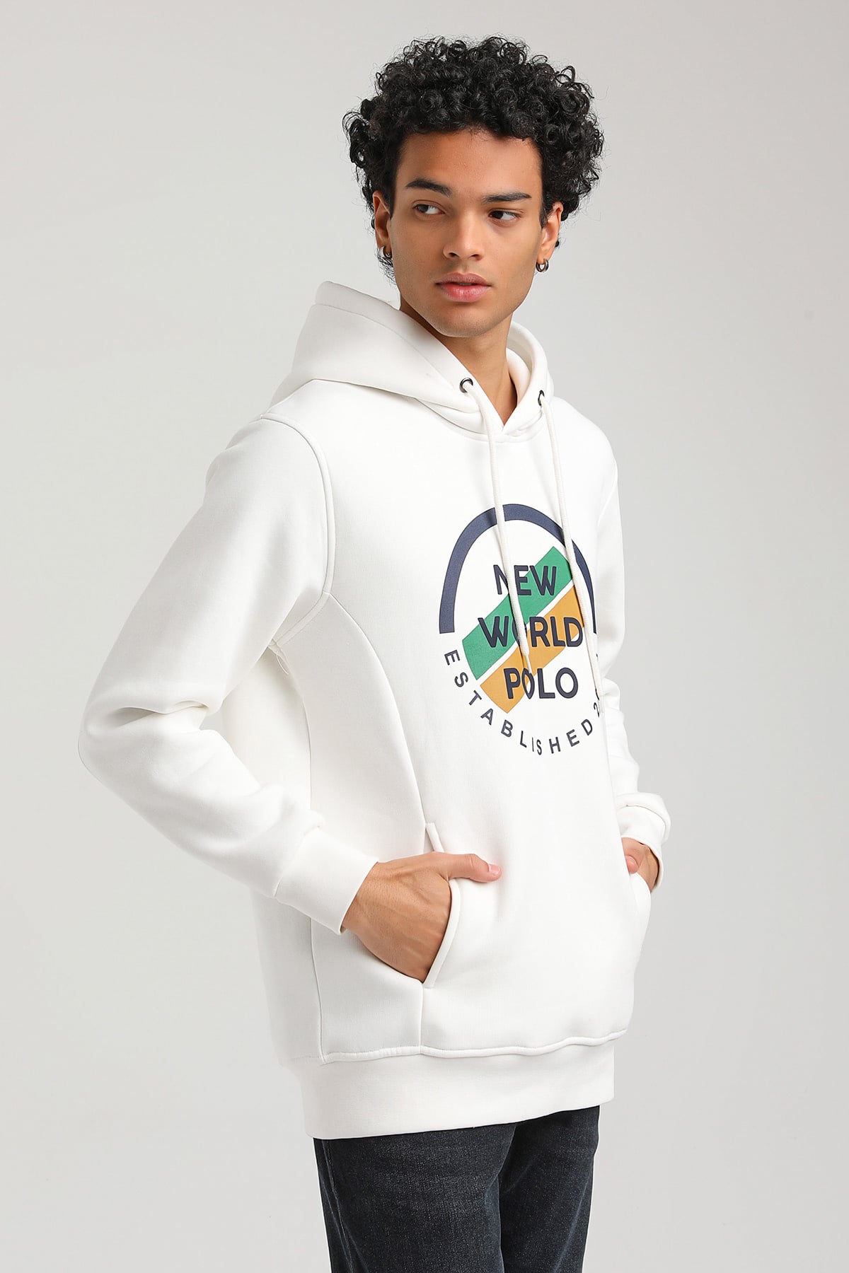 New World Polo Kapşonlu Ekru Slim Fit Hoodie 23FWM64049