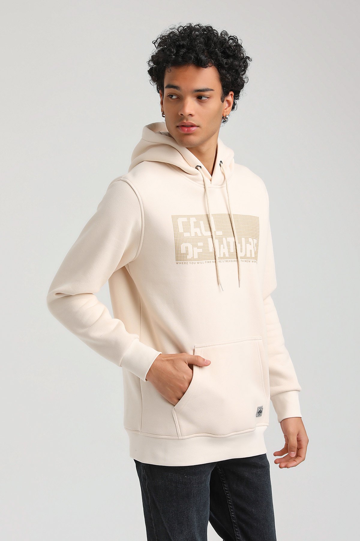 New World Polo Kapşonlu Ekru Slim Fit Hoodie 23FWM64045