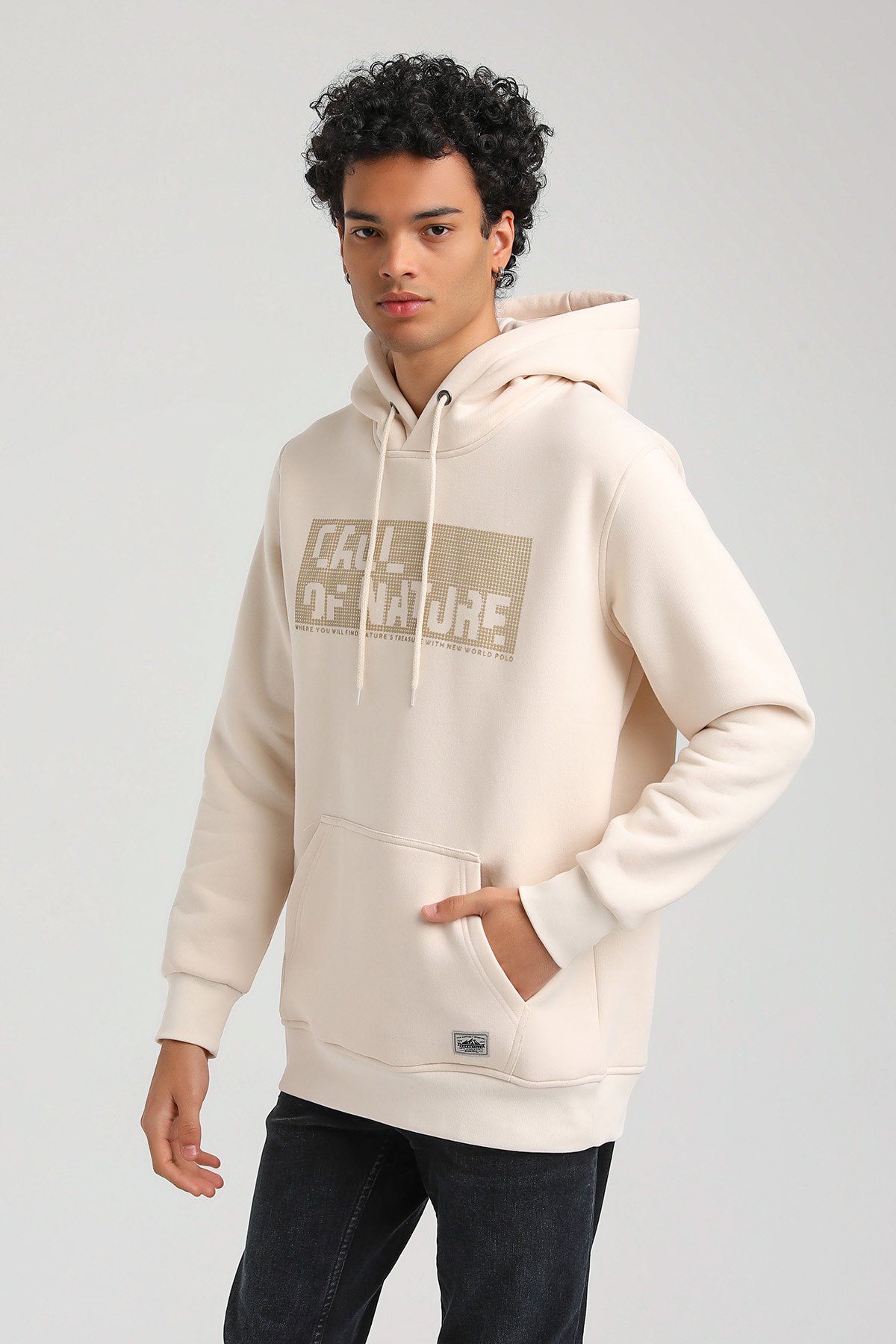 New World Polo Kapşonlu Ekru Slim Fit Hoodie 23FWM64045