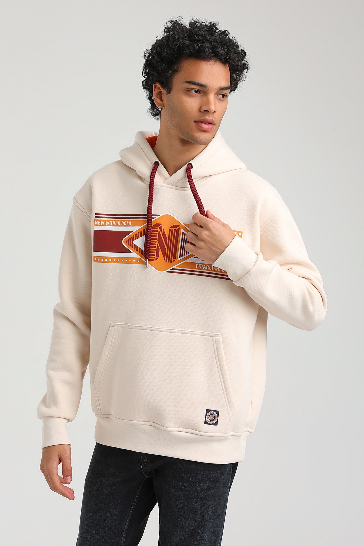 New World Polo Kapşonlu Ekru Slim Fit Hoodie 23FWM64055