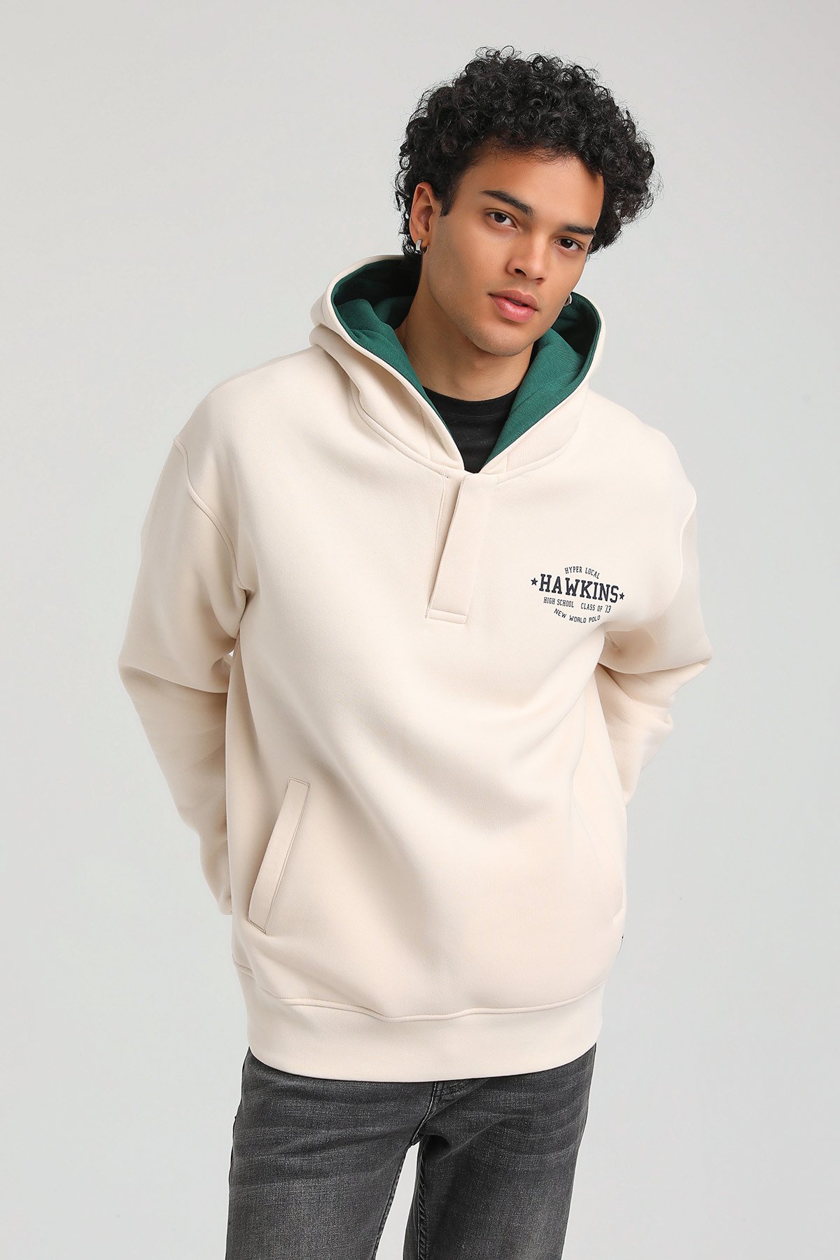 New World Polo Kapşonlu Ekru Slim Fit Hoodie 23FWM64057