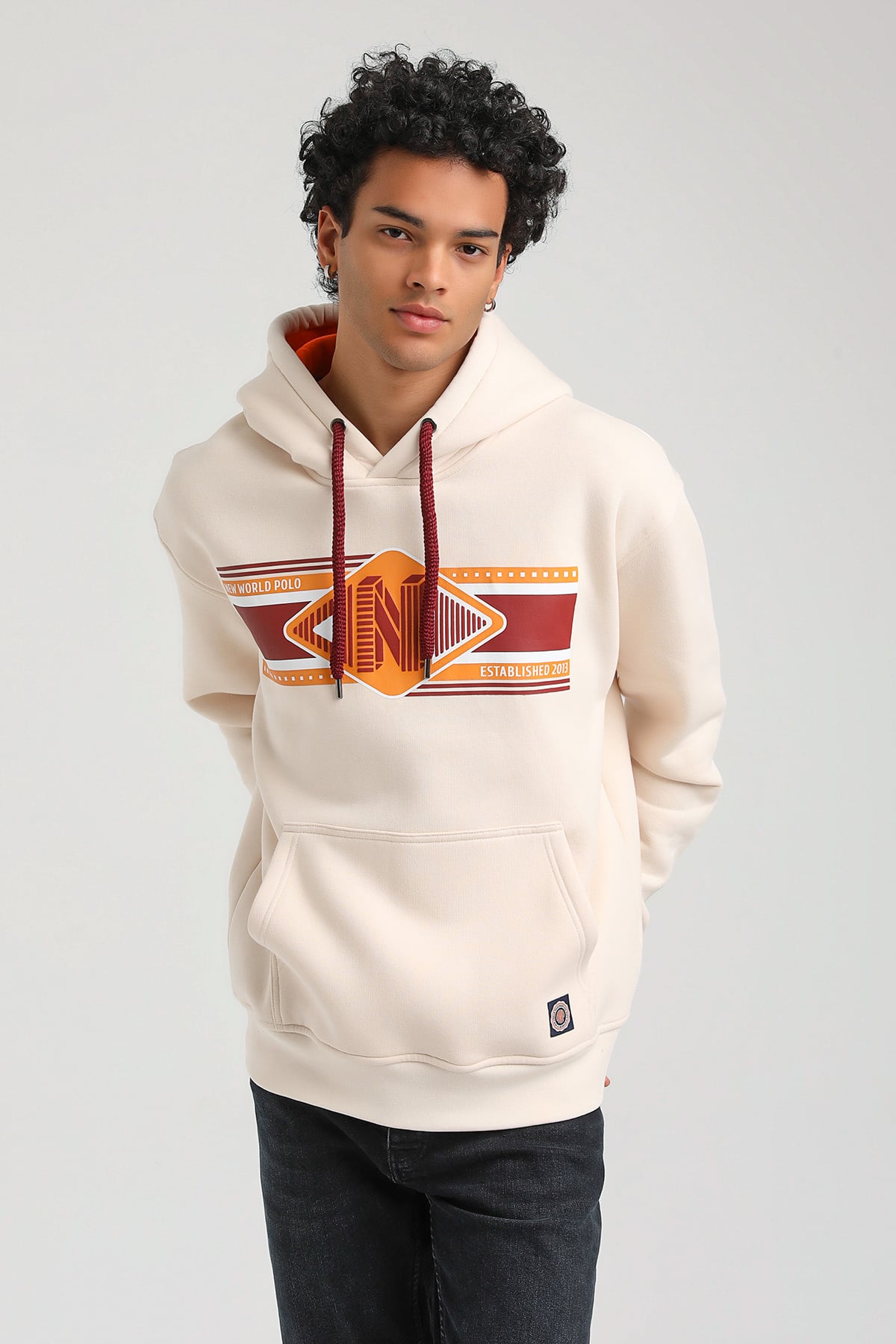 New World Polo Kapşonlu Ekru Slim Fit Hoodie 23FWM64055