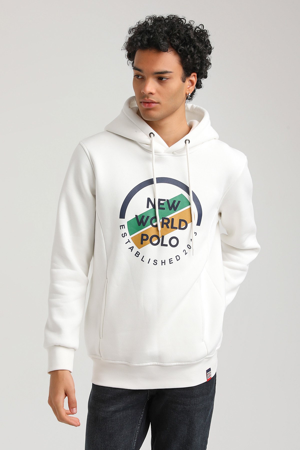 New World Polo Kapşonlu Ekru Slim Fit Hoodie 23FWM64049
