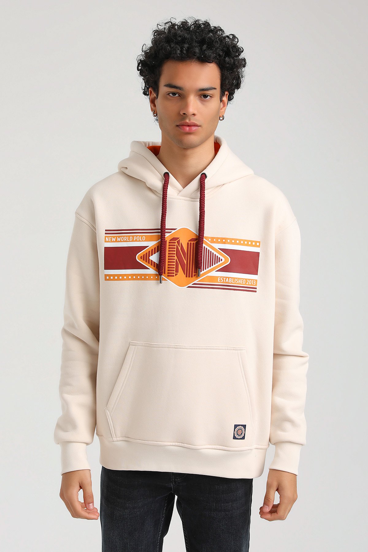 New World Polo Kapşonlu Ekru Slim Fit Hoodie 23FWM64055