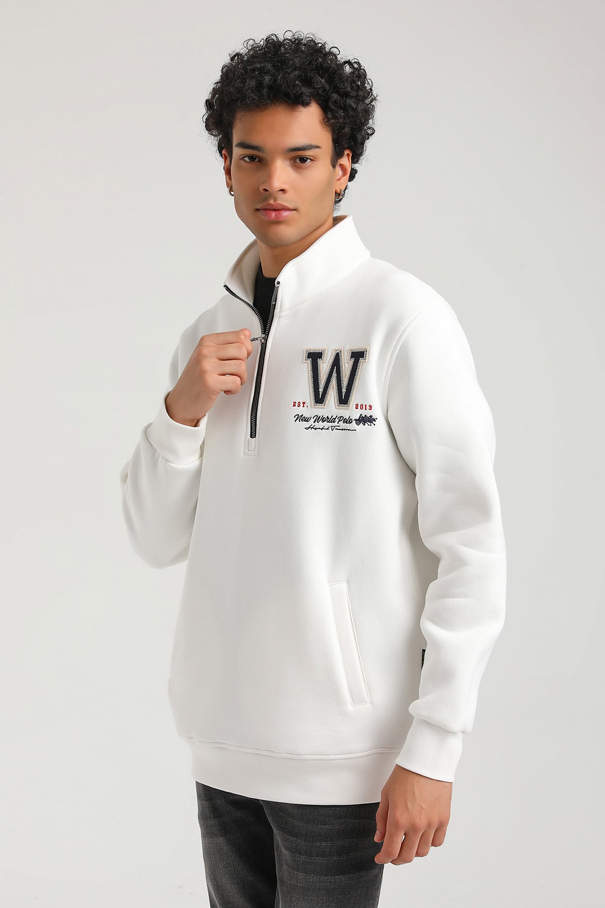 New World Polo Kapşonlu Ekru Slim Fit Hoodie 23FWM64065