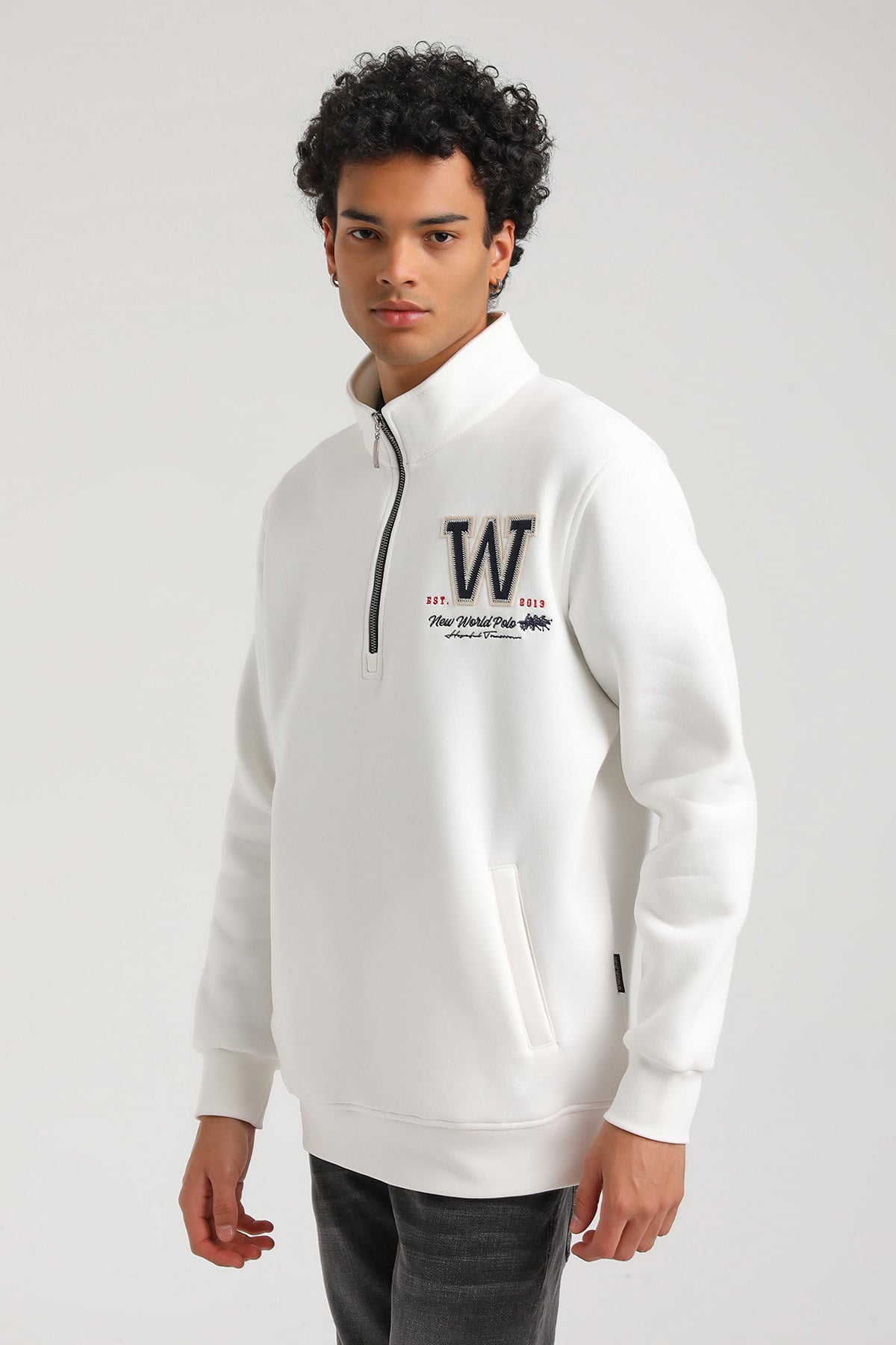 New World Polo Kapşonlu Ekru Slim Fit Hoodie 23FWM64065