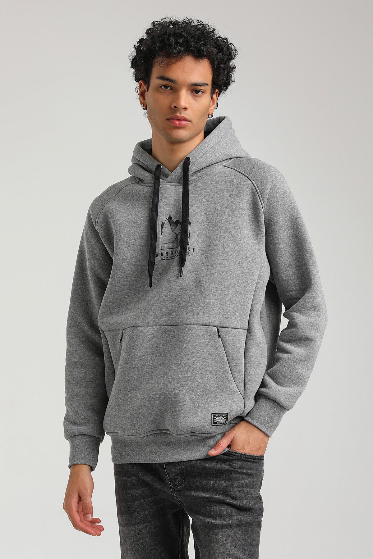 New World Polo Kapşonlu Gri Slim Fit Hoodie 23FWM64042