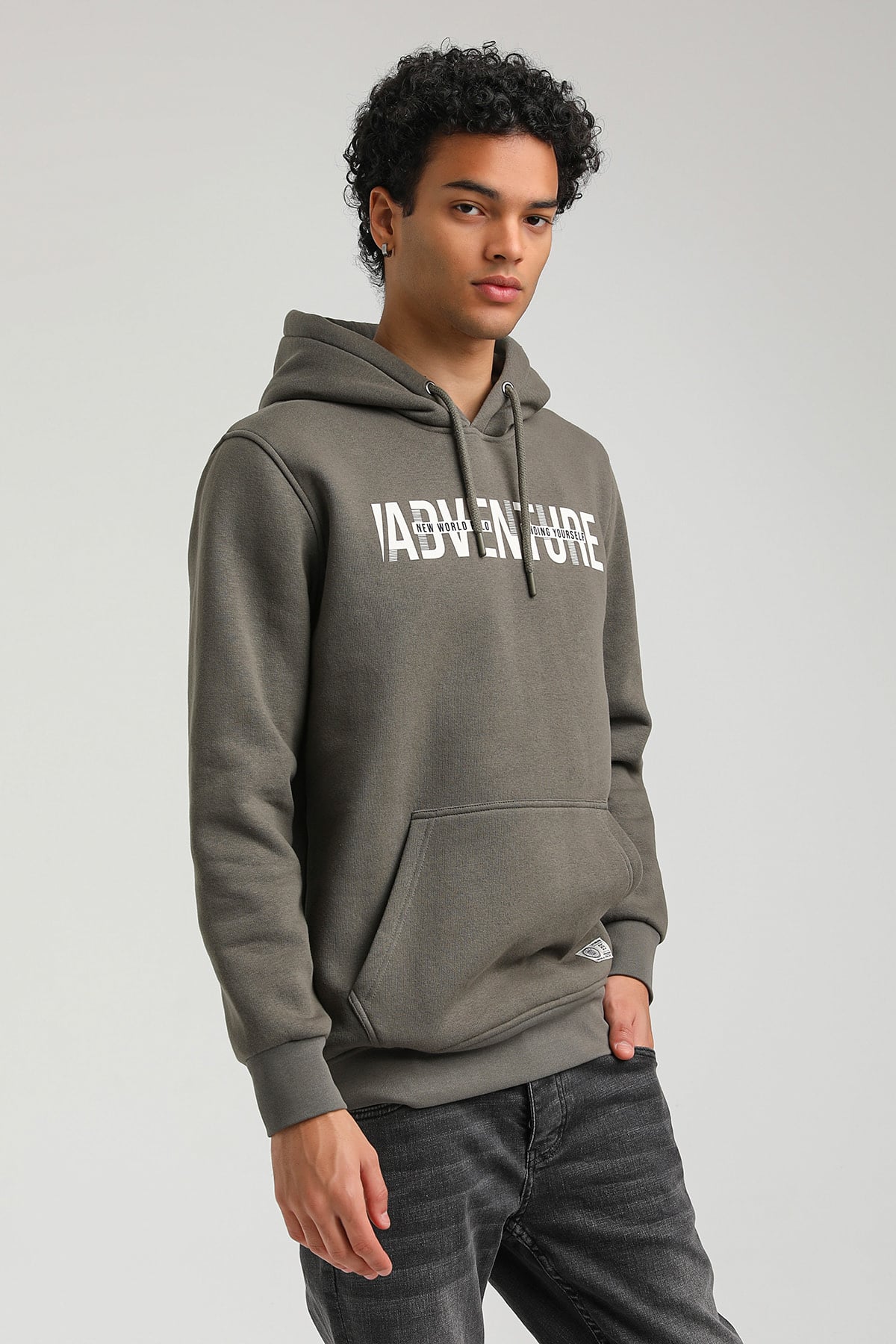 New World Polo Kapşonlu Haki Slim Fit Hoodie 23FWM64047
