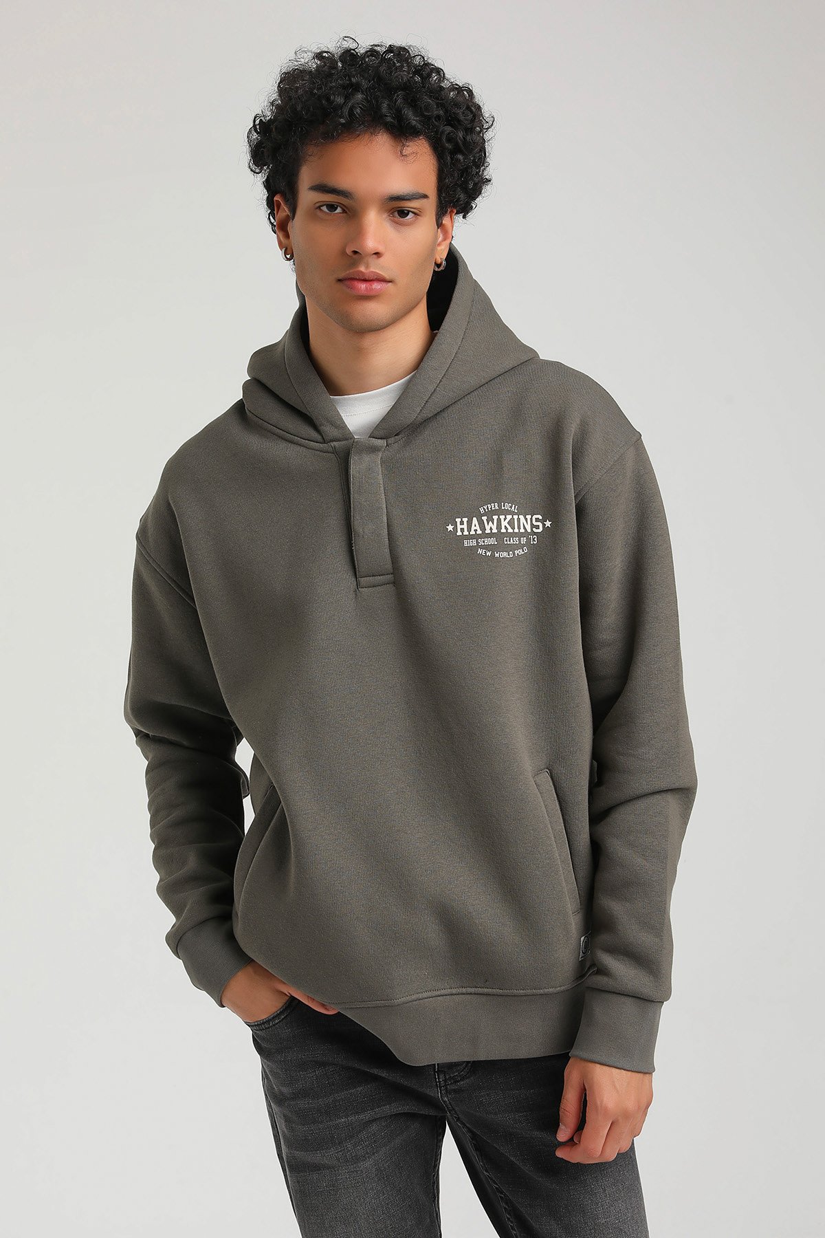 New World Polo Kapşonlu Haki Slim Fit Hoodie 23FWM64057