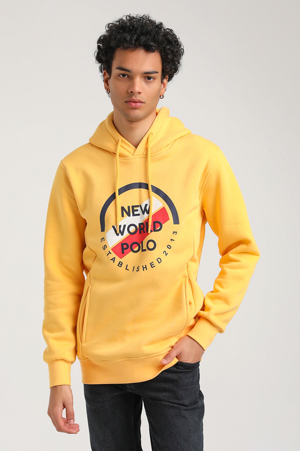 New World Polo Kapşonlu Hardal Slim Fit Hoodie 23FWM64049