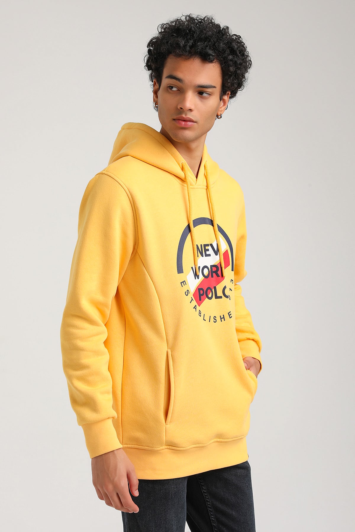 New World Polo Kapşonlu Hardal Slim Fit Hoodie 23FWM64049