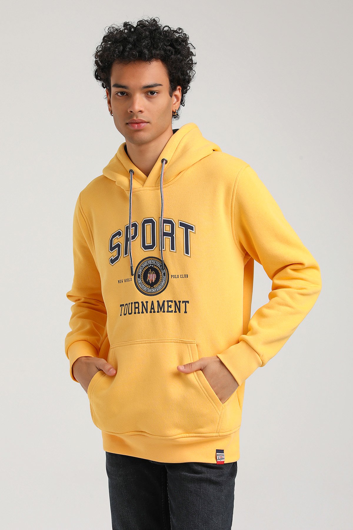 New World Polo Kapşonlu Hardal Slim Fit Hoodie 23FWM64052