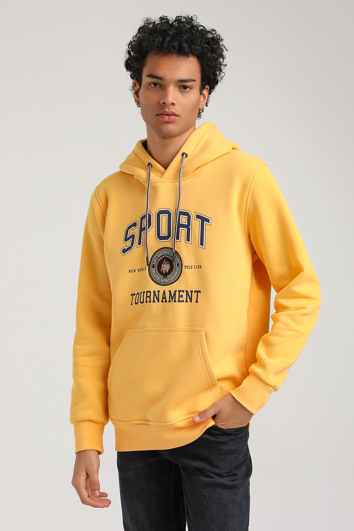 New World Polo Kapşonlu Hardal Slim Fit Hoodie 23FWM64052