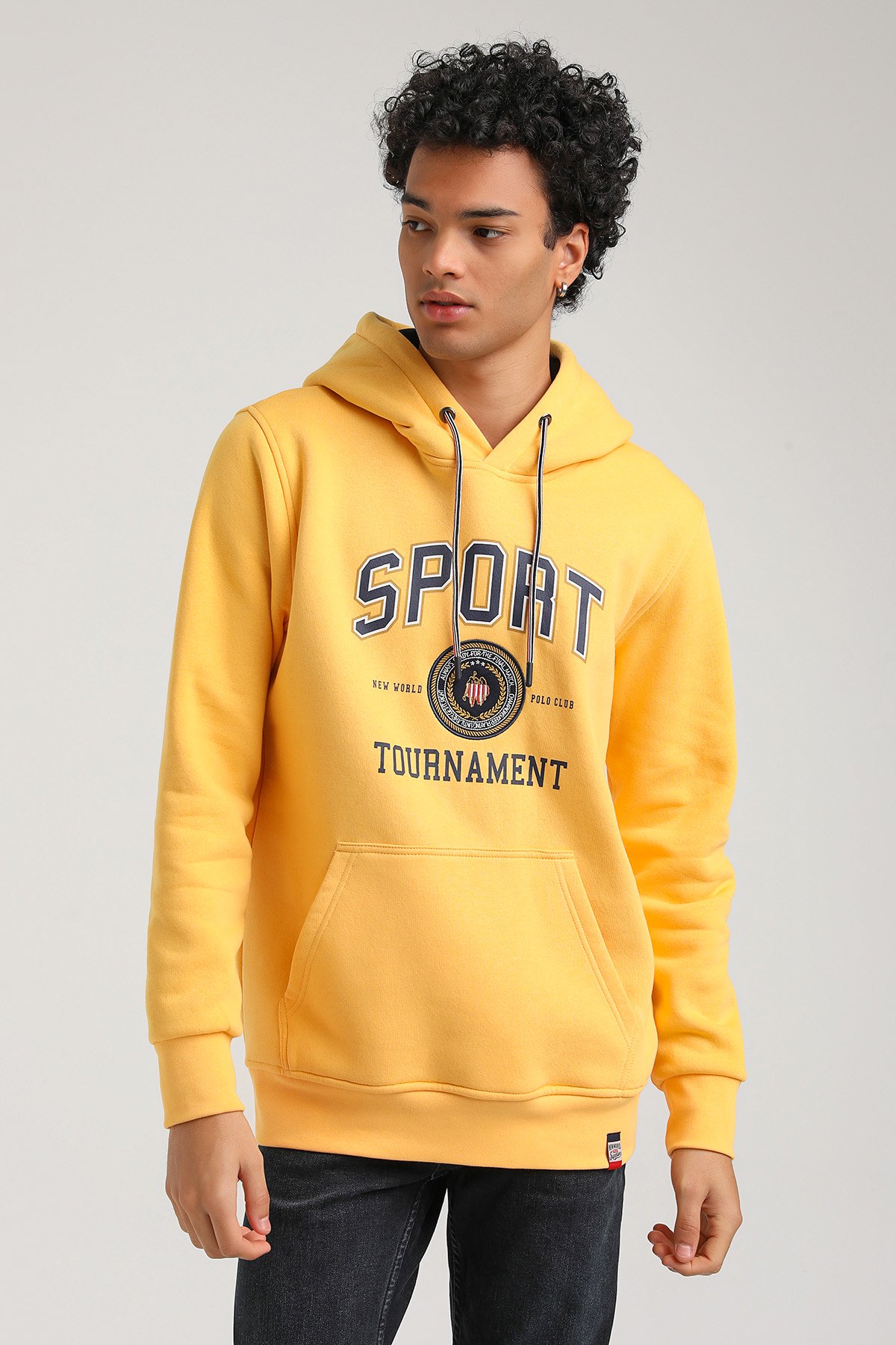 New World Polo Kapşonlu Hardal Slim Fit Hoodie 23FWM64052