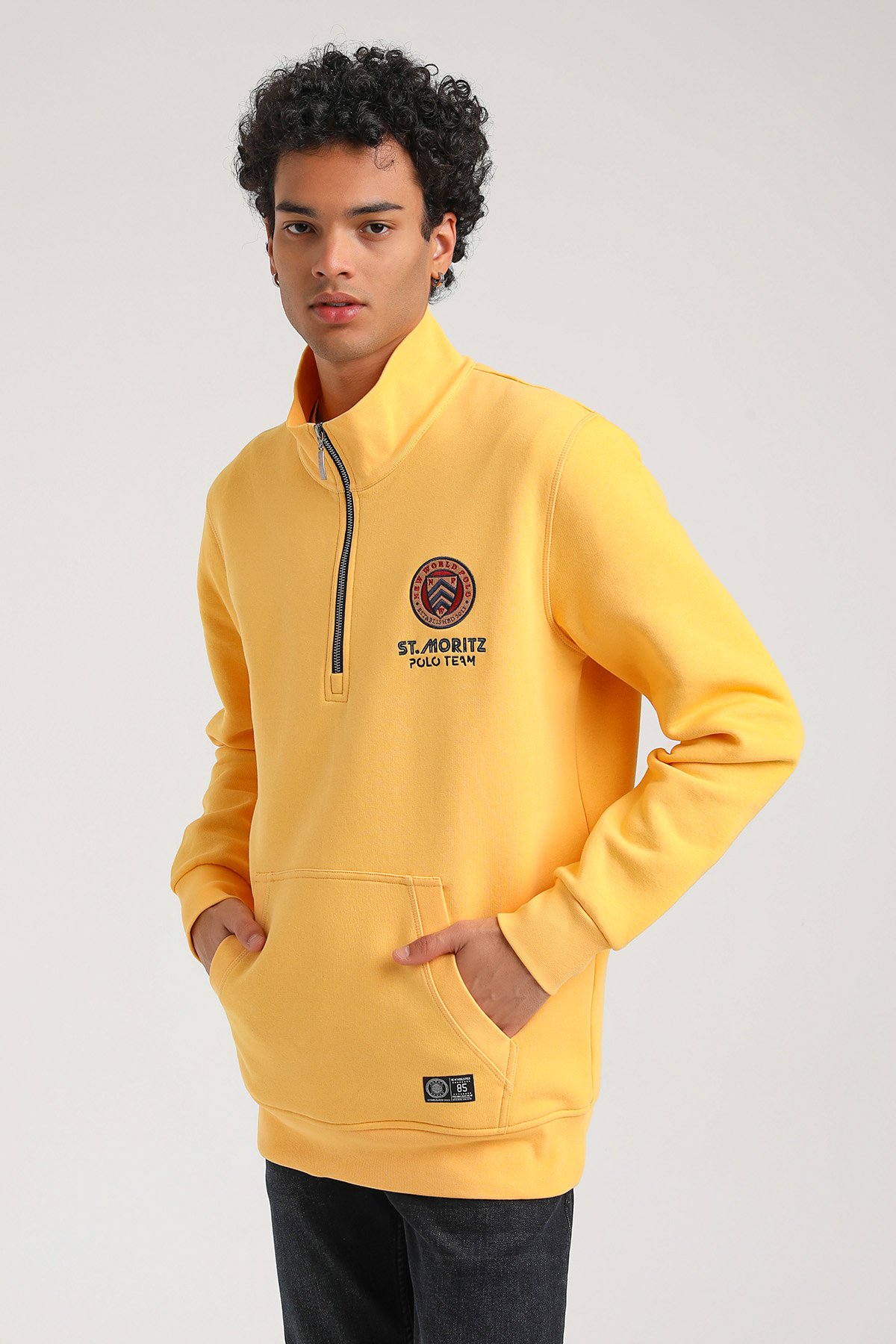 New World Polo Kapşonlu Hardal Slim Fit Hoodie 23FWM64064